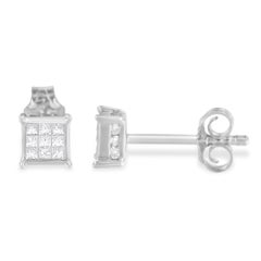 .925 Sterling Silver Princess Cut 0.3 Carat Diamond Square Stud Earrings