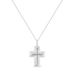 .925 Sterling Silver Prong-Set Diamond Accent Bold Cross Pendant Necklace