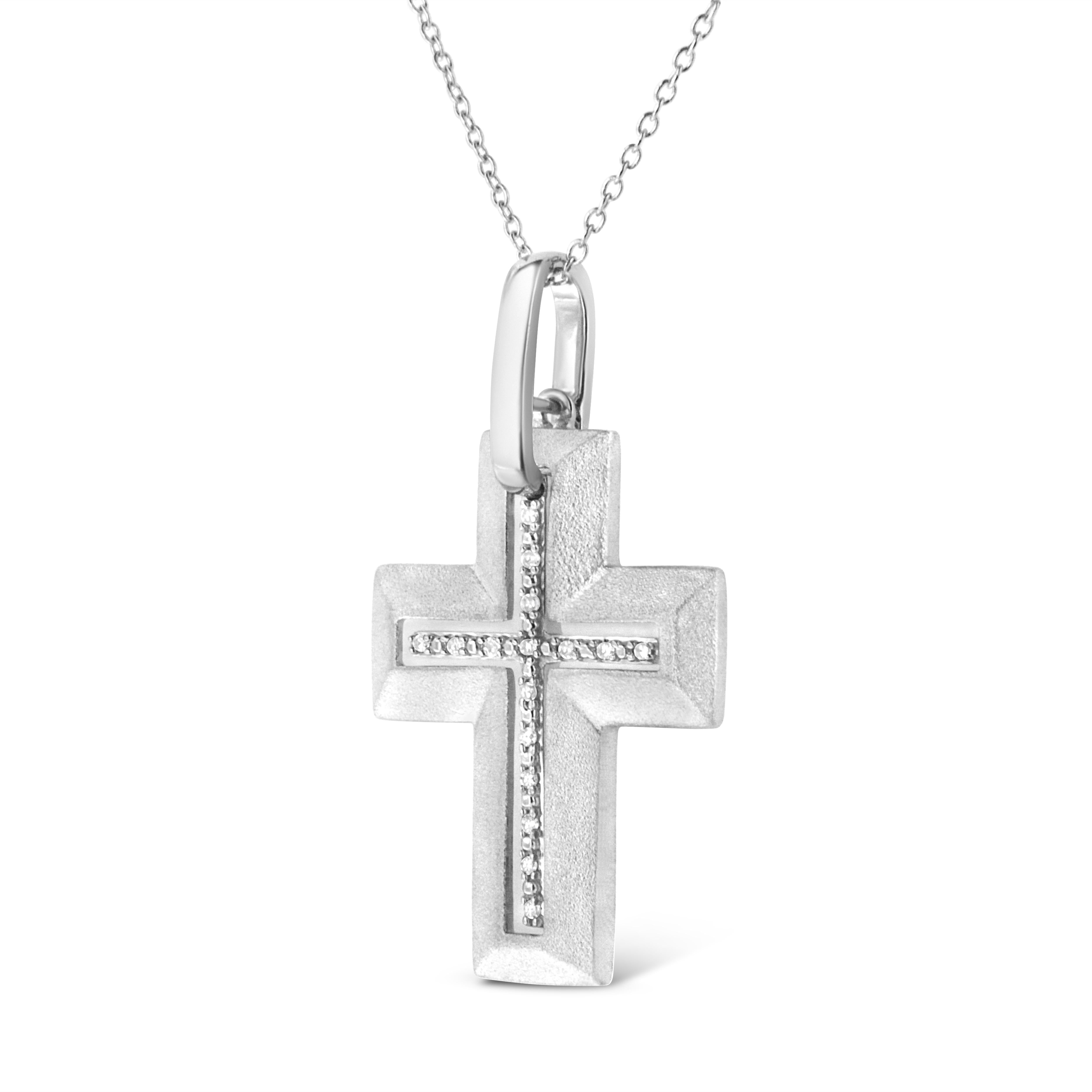Contemporary .925 Sterling Silver Prong-Set Diamond Accent Bold Cross Pendant Necklace For Sale
