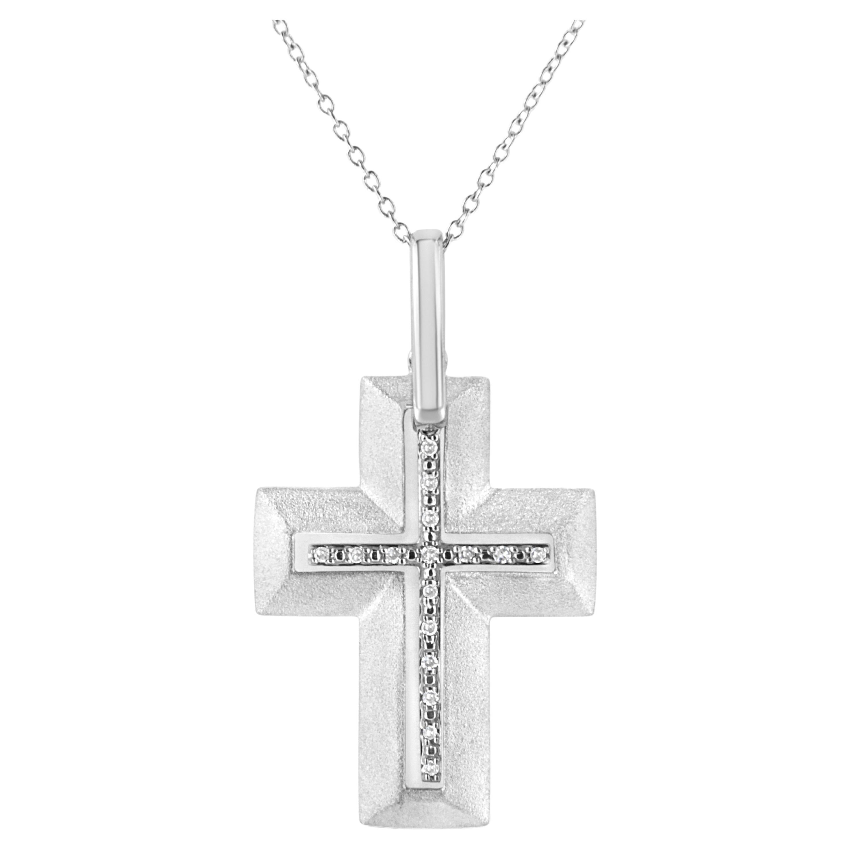 .925 Sterling Silver Prong-Set Diamond Accent Bold Cross Pendant Necklace For Sale