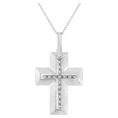 .925 Sterling Silver Prong-Set Diamond Accent Bold Cross Pendant Necklace