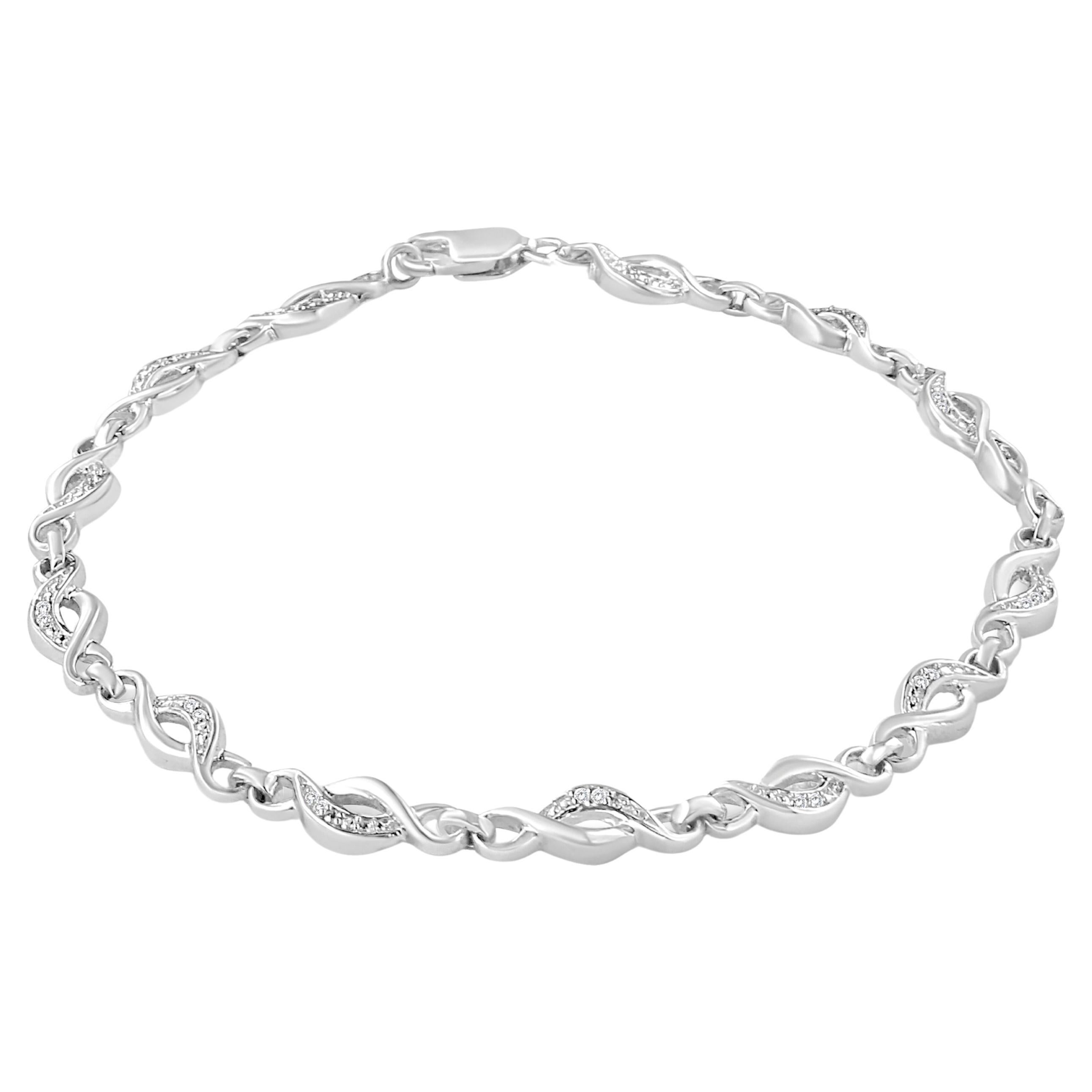 .925 Sterling Silver Prong Set Diamond Accent Curved Spiral Link Bracelet For Sale