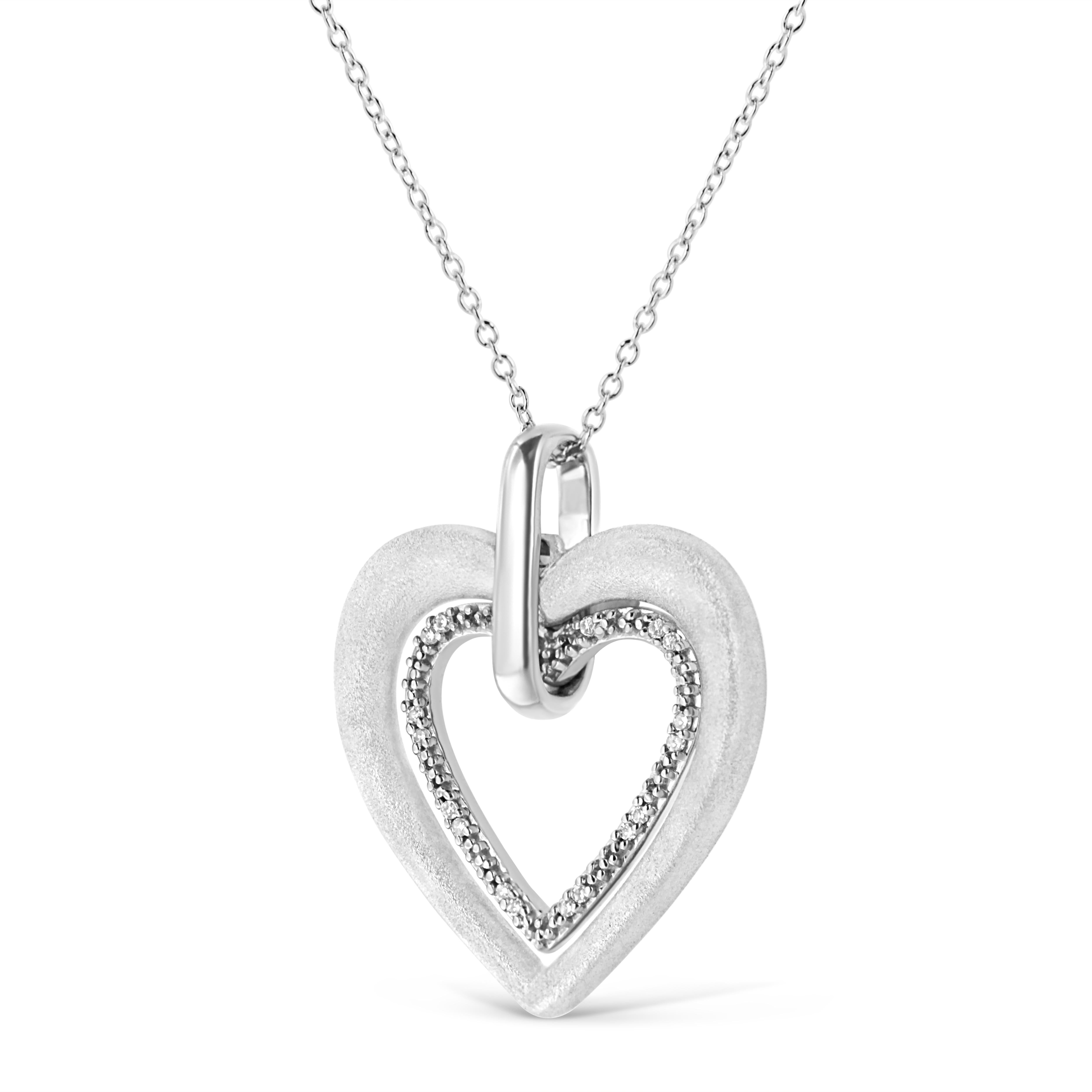 Modern .925 Sterling Silver Prong-Set Diamond Accent Double Heart Pendant Necklace For Sale