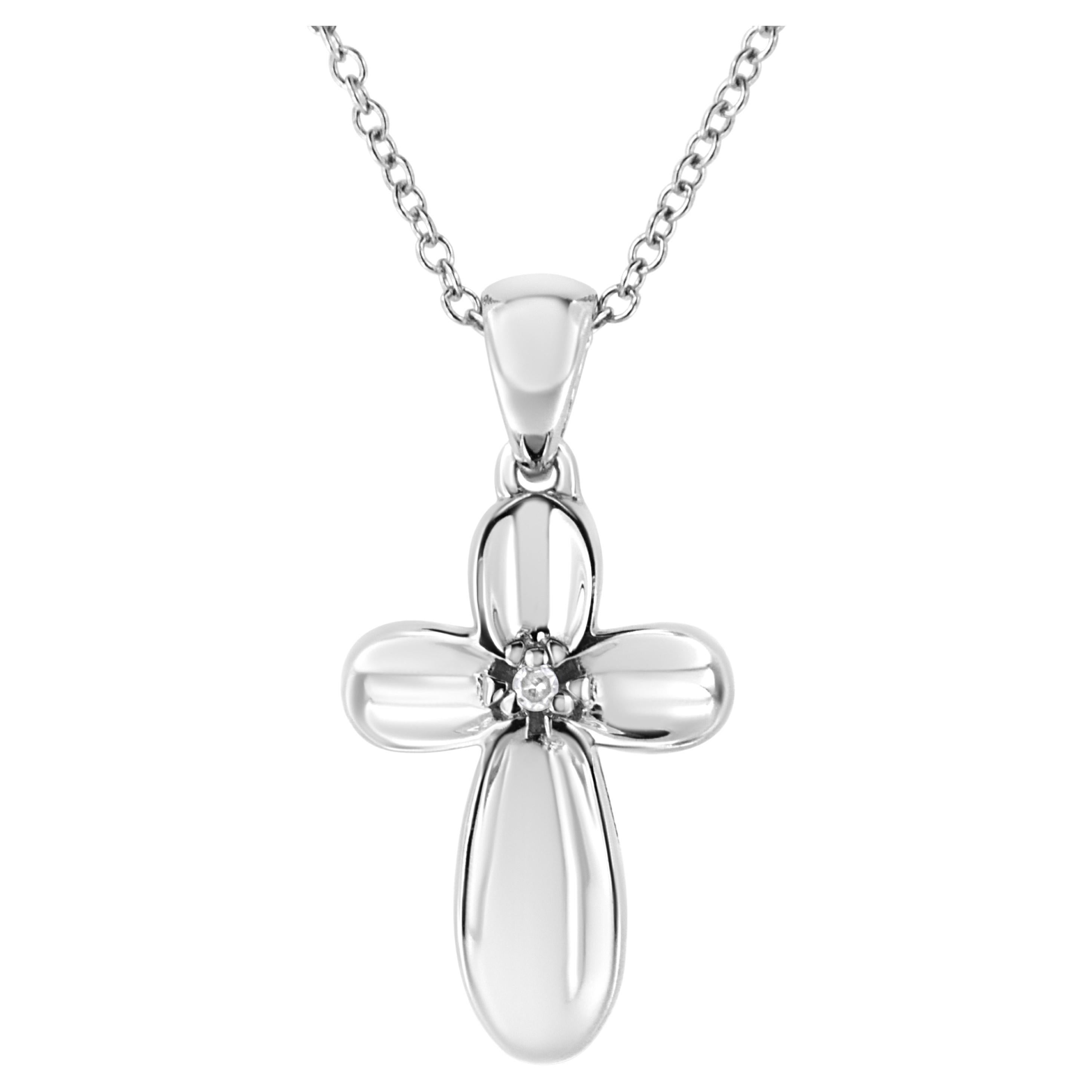 .925 Sterling Silver Prong-Set Diamond Accent Floral Cross Pendant Necklace For Sale