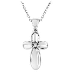 .925 Sterling Silver Prong-Set Diamond Accent Floral Cross Pendant Necklace
