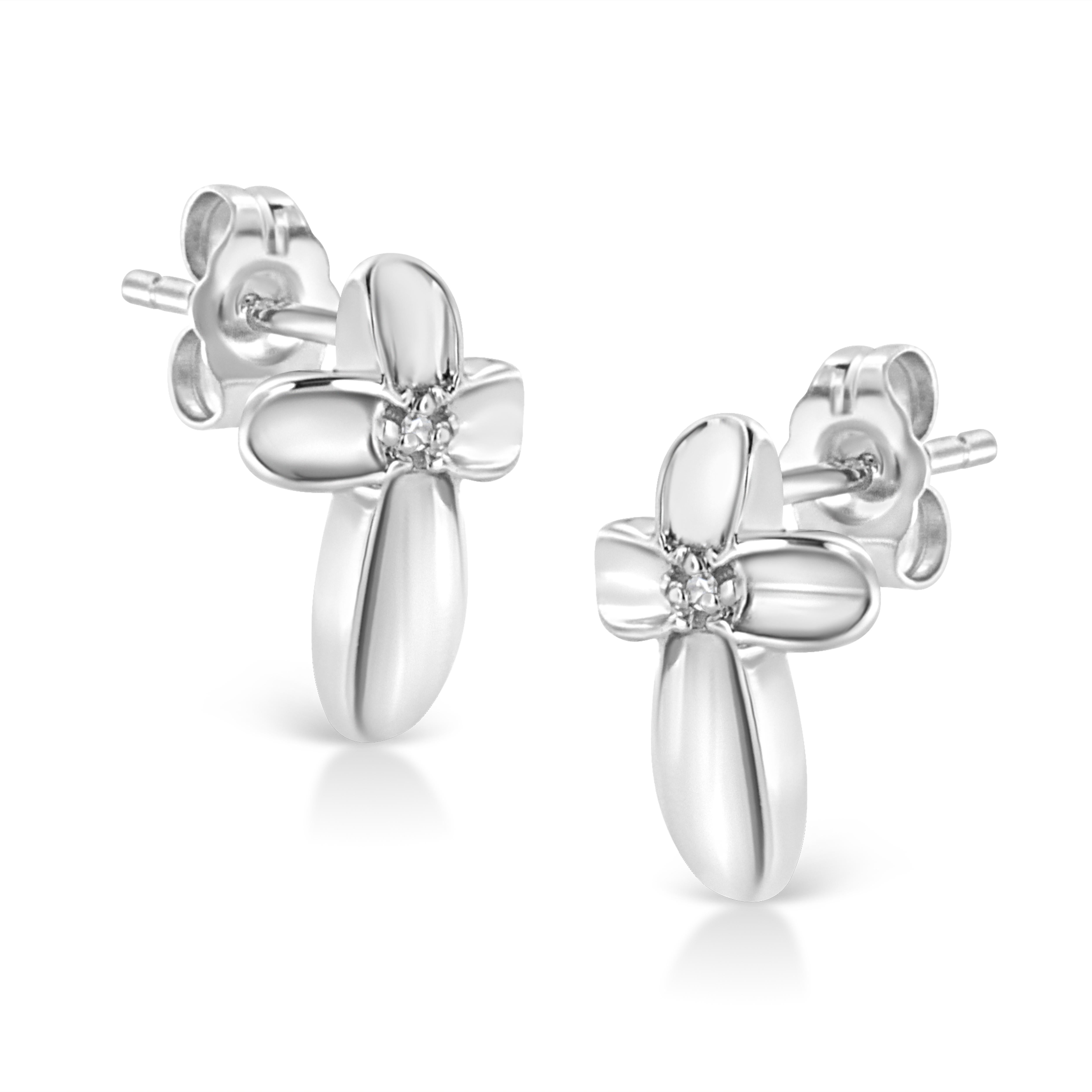Symbolize your power expression of religious devotion with these magnificent diamond cross earrings. Fashioned in sterling silver, these ravishing earrings are embellished with two radiant prong set single cut diamond and closed with secure clasp.