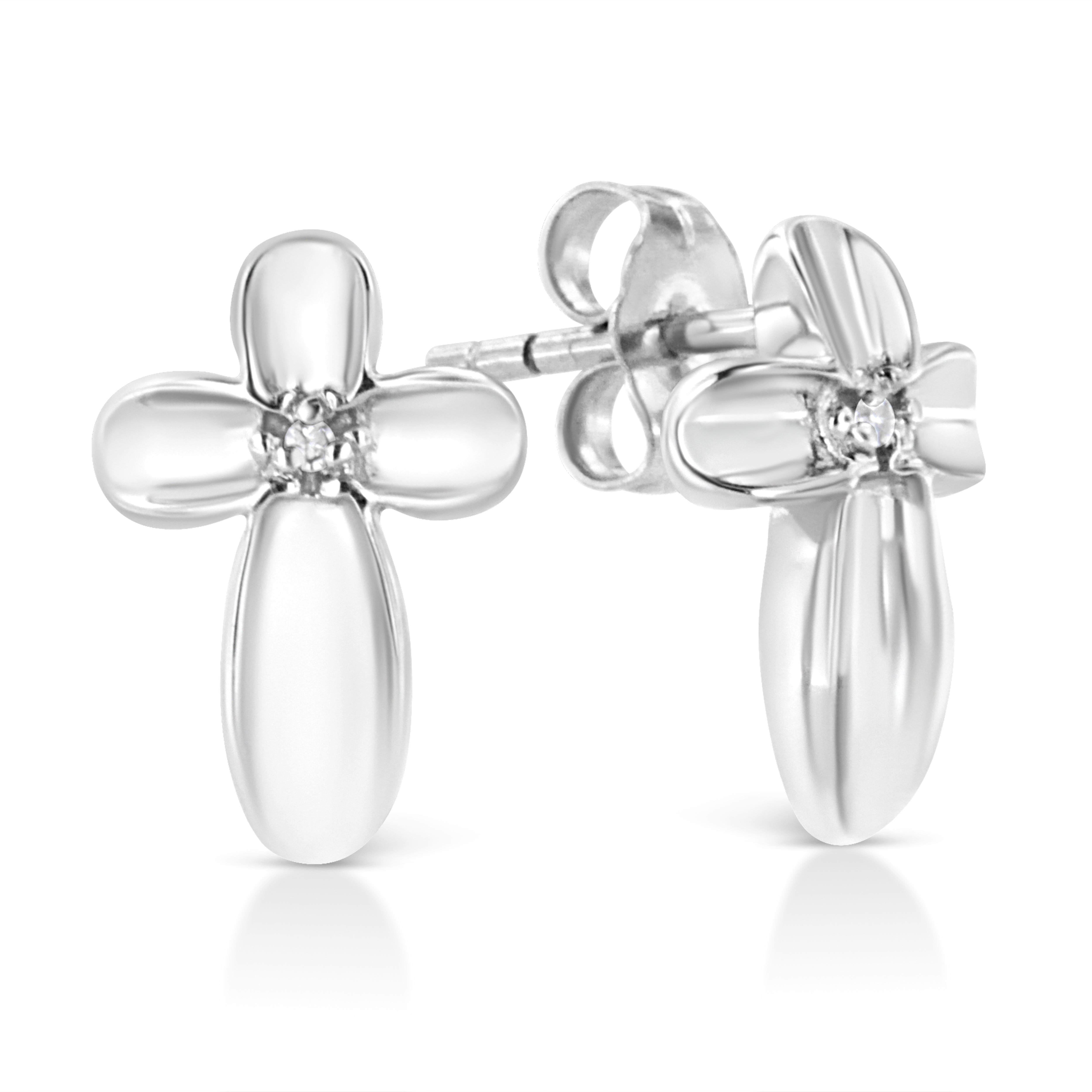 Contemporary .925 Sterling Silver Prong Set Diamond Accent Floral Cross Stud Earrings For Sale