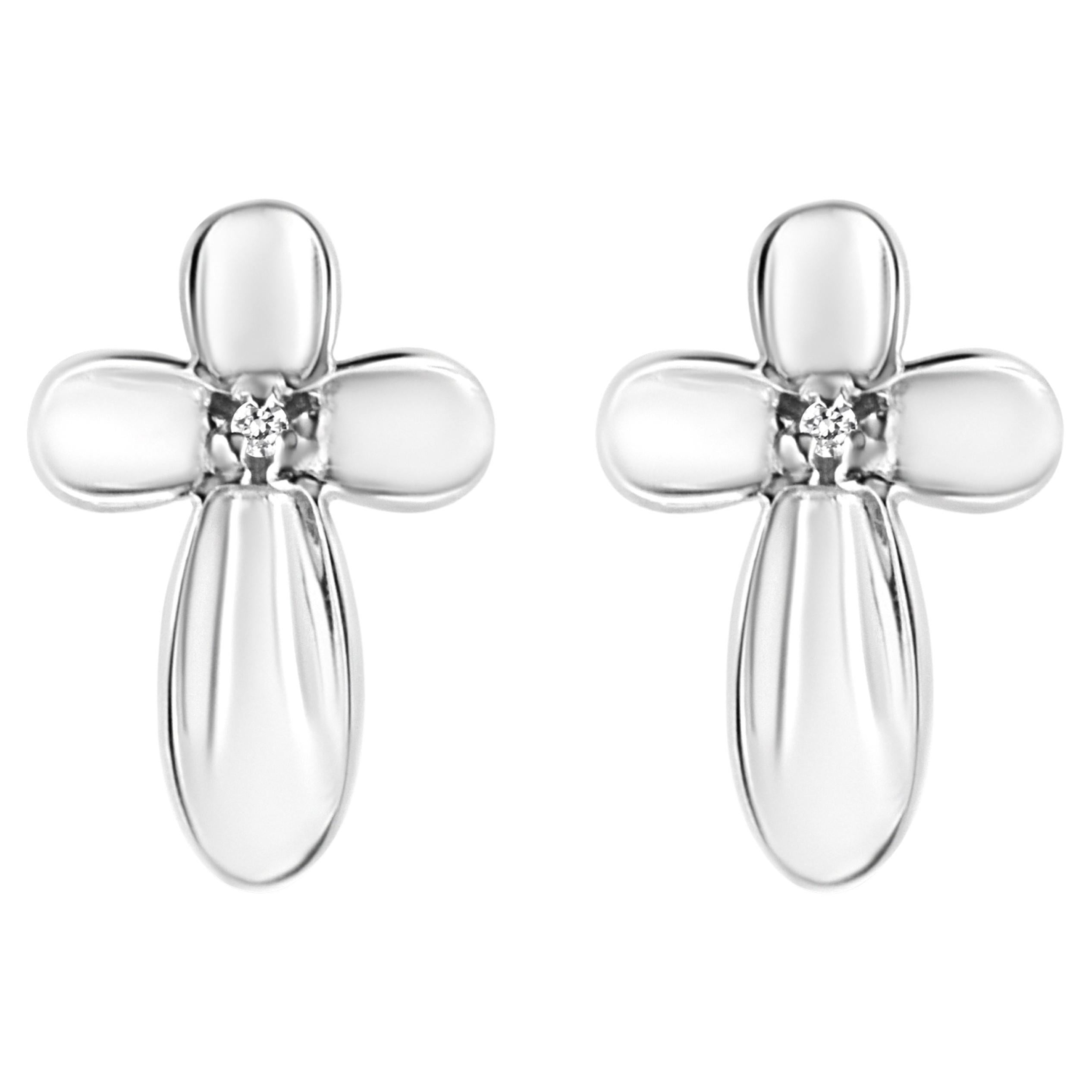 .925 Sterling Silver Prong Set Diamond Accent Floral Cross Stud Earrings For Sale