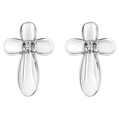 .925 Sterling Silver Prong Set Diamond Accent Floral Cross Stud Earrings