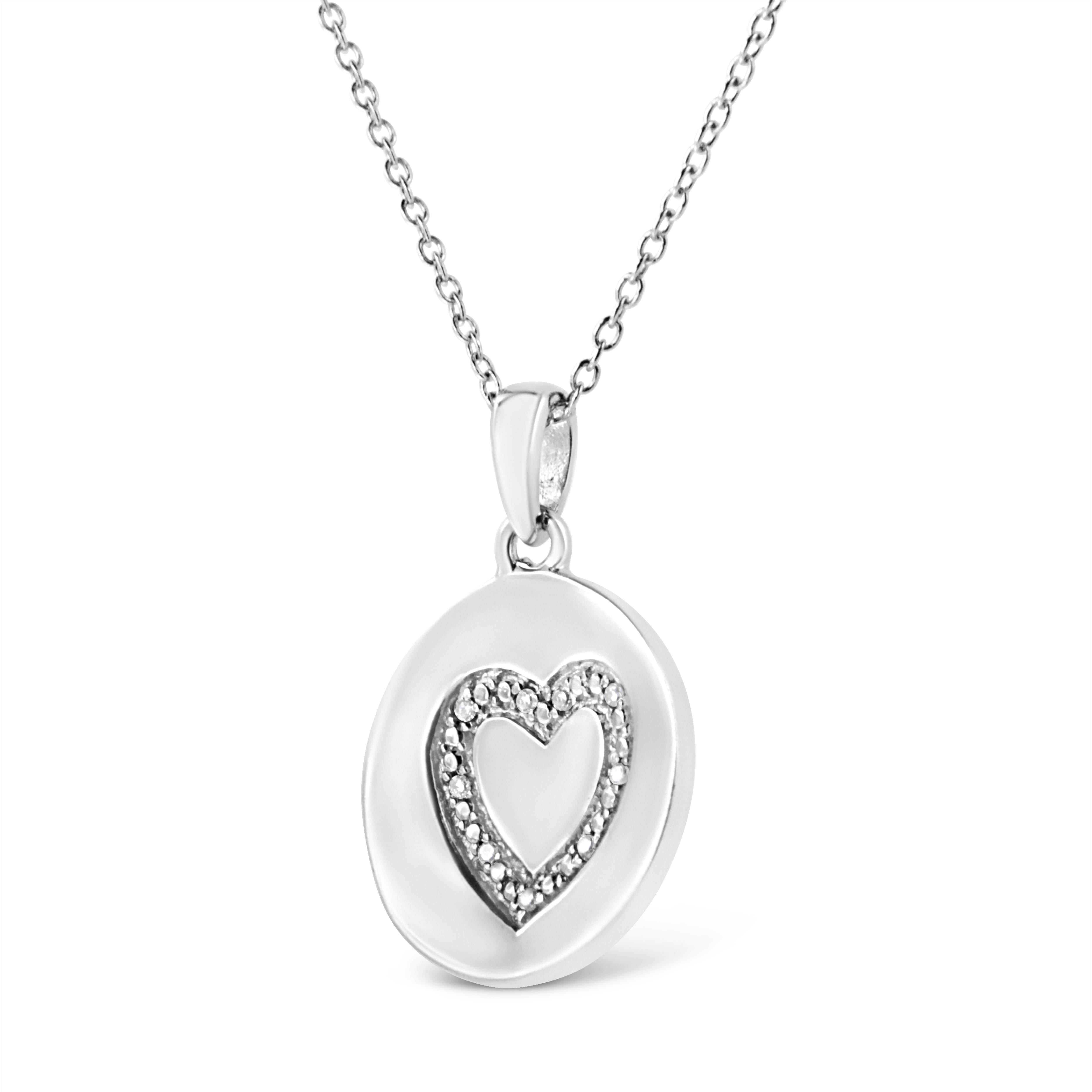 Contemporary .925 Sterling Silver Prong-Set Diamond Accent Heart Emblemed Pendant Necklace For Sale