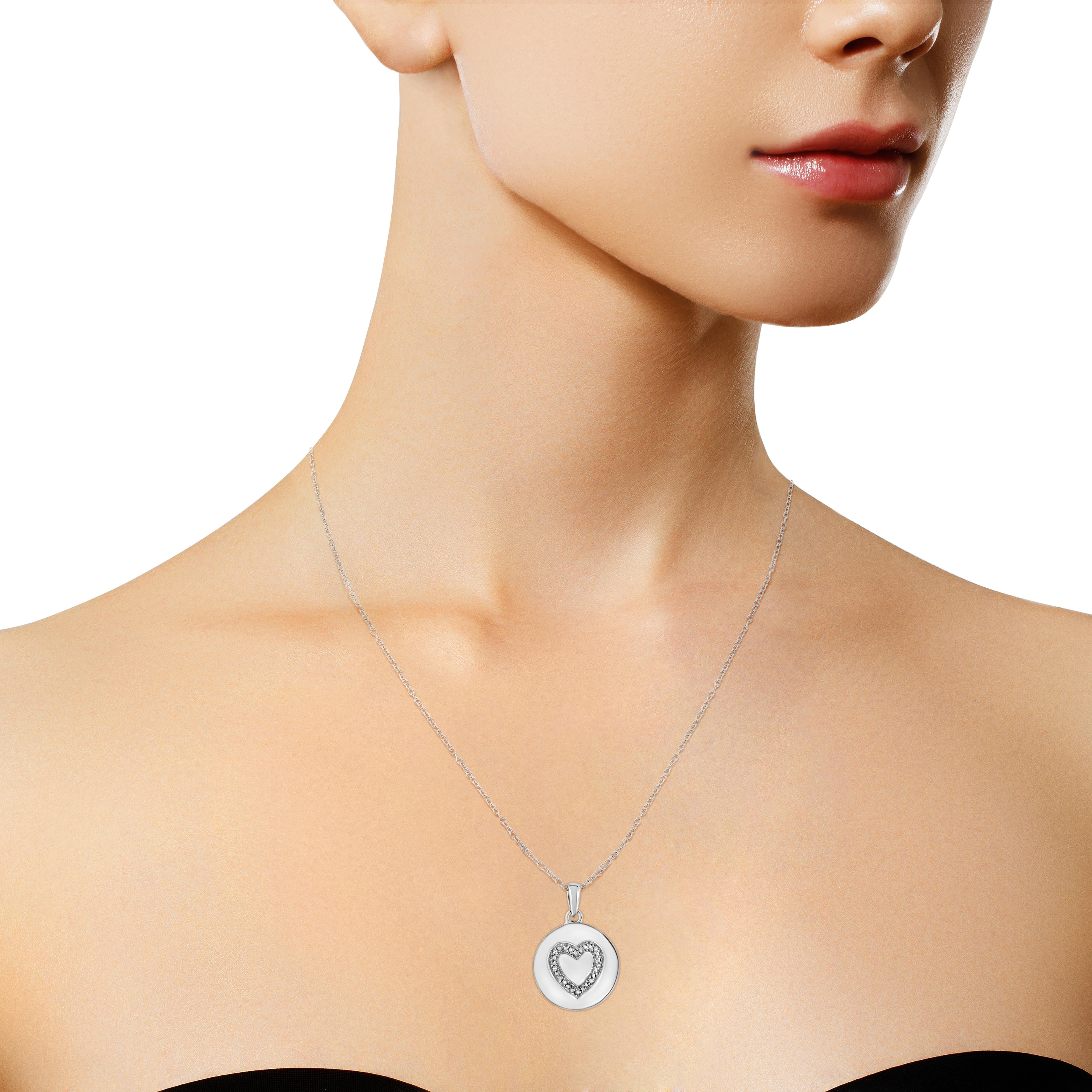 .925 Sterling Silver Prong-Set Diamond Accent Heart Emblemed Pendant Necklace In New Condition For Sale In New York, NY