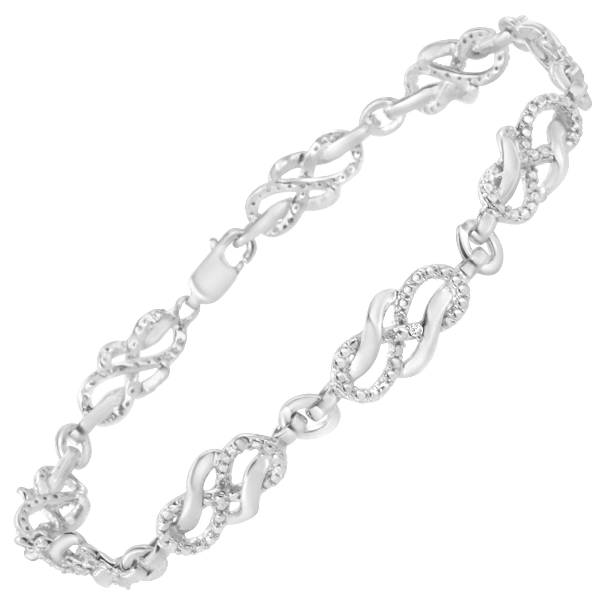 .925 Sterling Silver Prong Set Diamond Accent Infinity Weave Link Bracelet For Sale