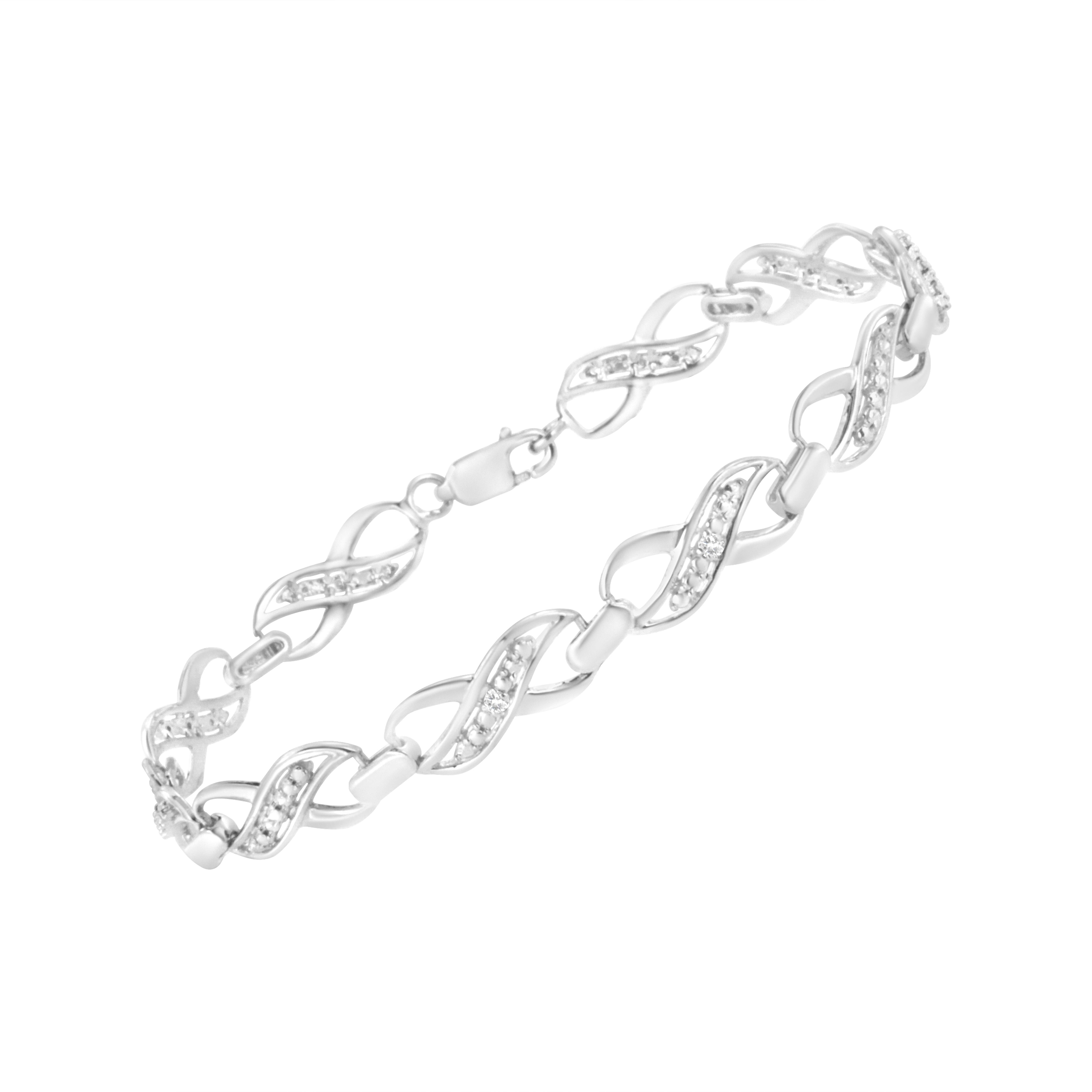 Treat yourself to this elegant and refined infinity link bracelet. Created in cool .925 sterling silver, this piece is designed with silver infinity links with a streak in the middle of round-cut diamonds. This prong set, diamond accent piece is