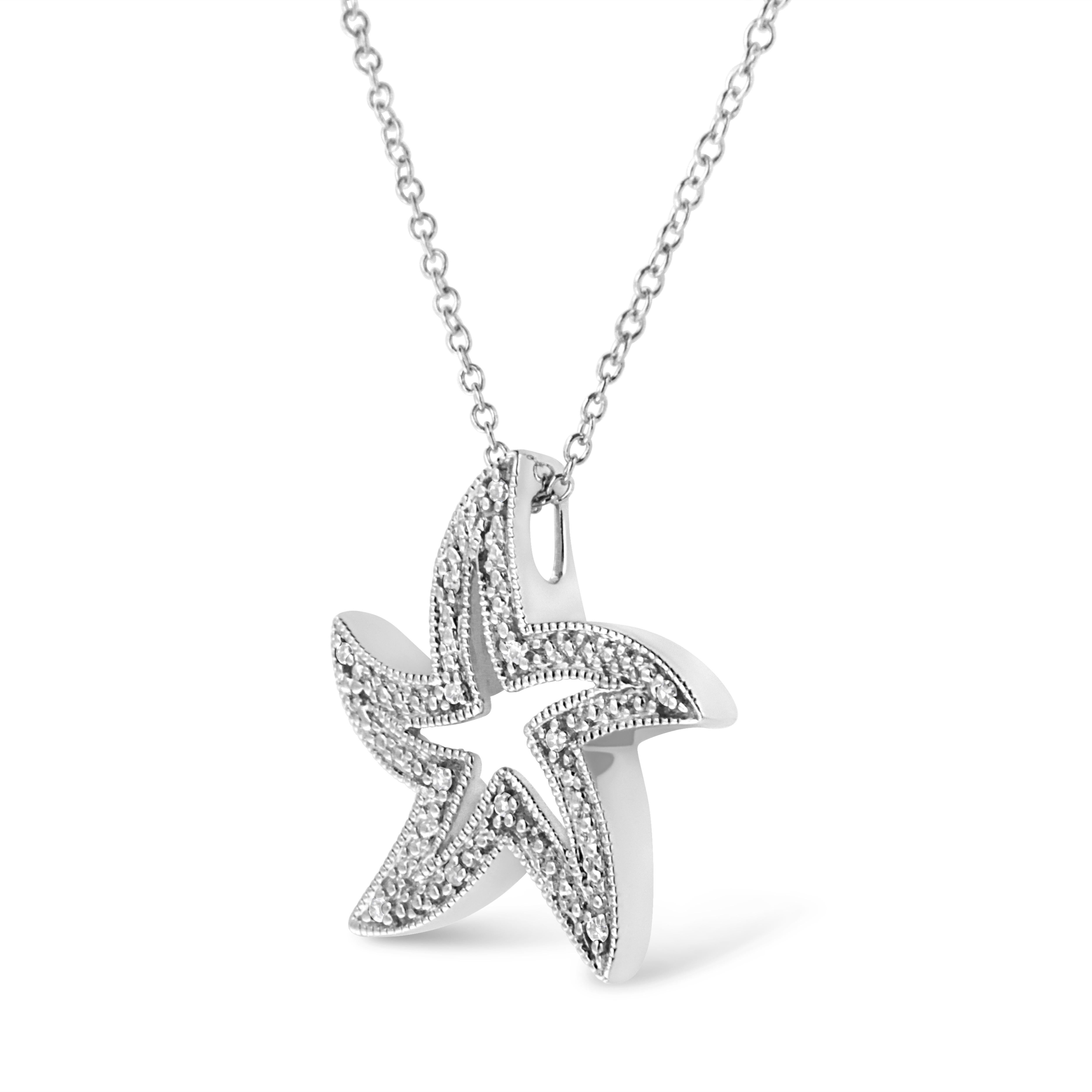 Modern .925 Sterling Silver Prong-Set Diamond Accent Starfish Pendant Necklace For Sale