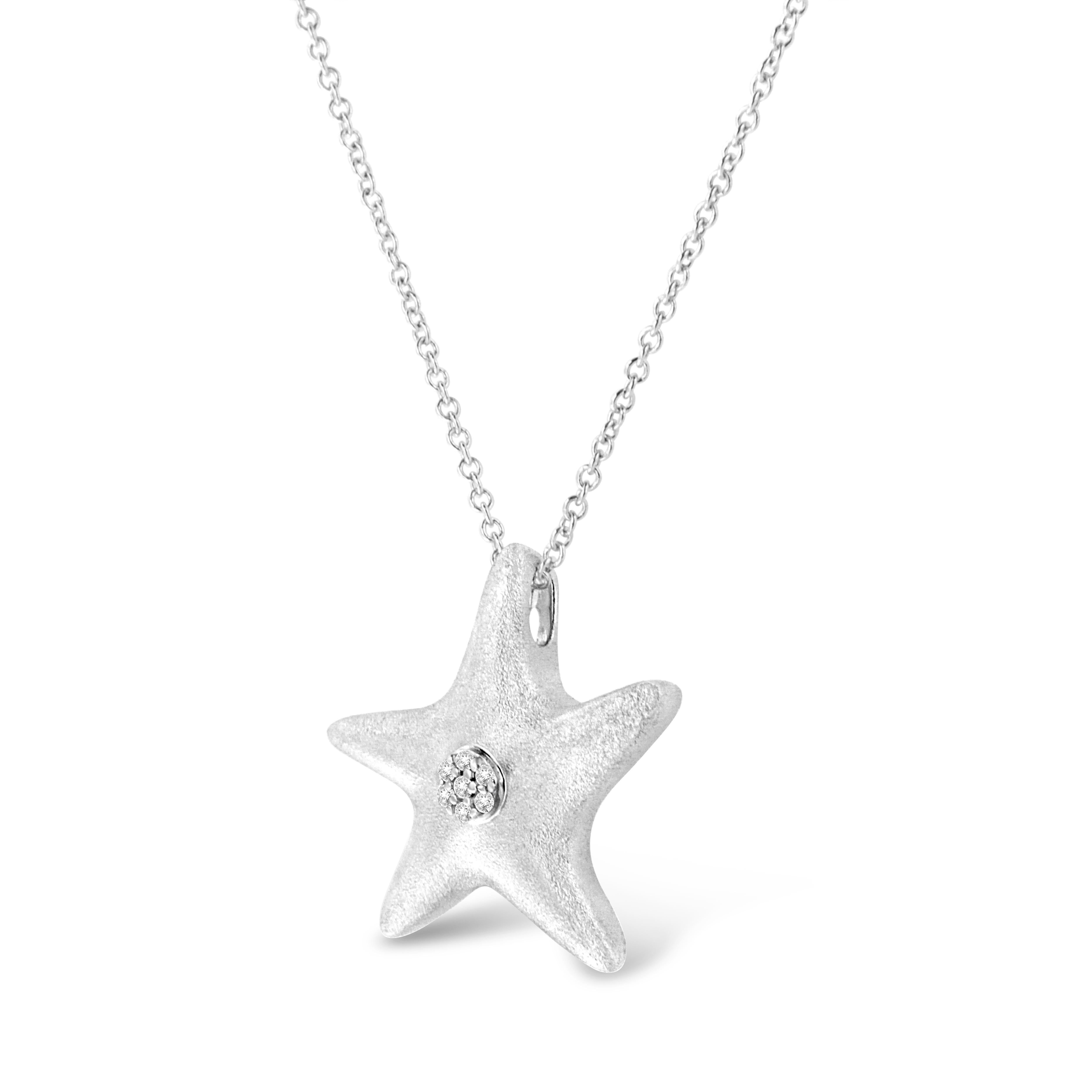 Contemporary .925 Sterling Silver Prong-Set Diamond Accent Starfish Pendant Necklace For Sale