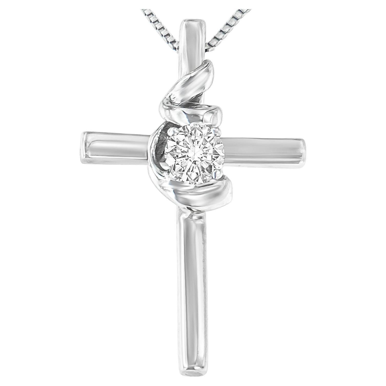 .925 Sterling Silver Prong Set Solitaire Diamond Accent Cross Pendant Necklace For Sale