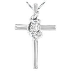 .925 Sterling Silver Prong Set Solitaire Diamond Accent Cross Pendant Necklace