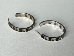 925 Sterling Silver Punched Holes Hoops Black Enamel