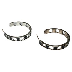 925 Sterling Silver Punched Holes Hoops Black Enamel
