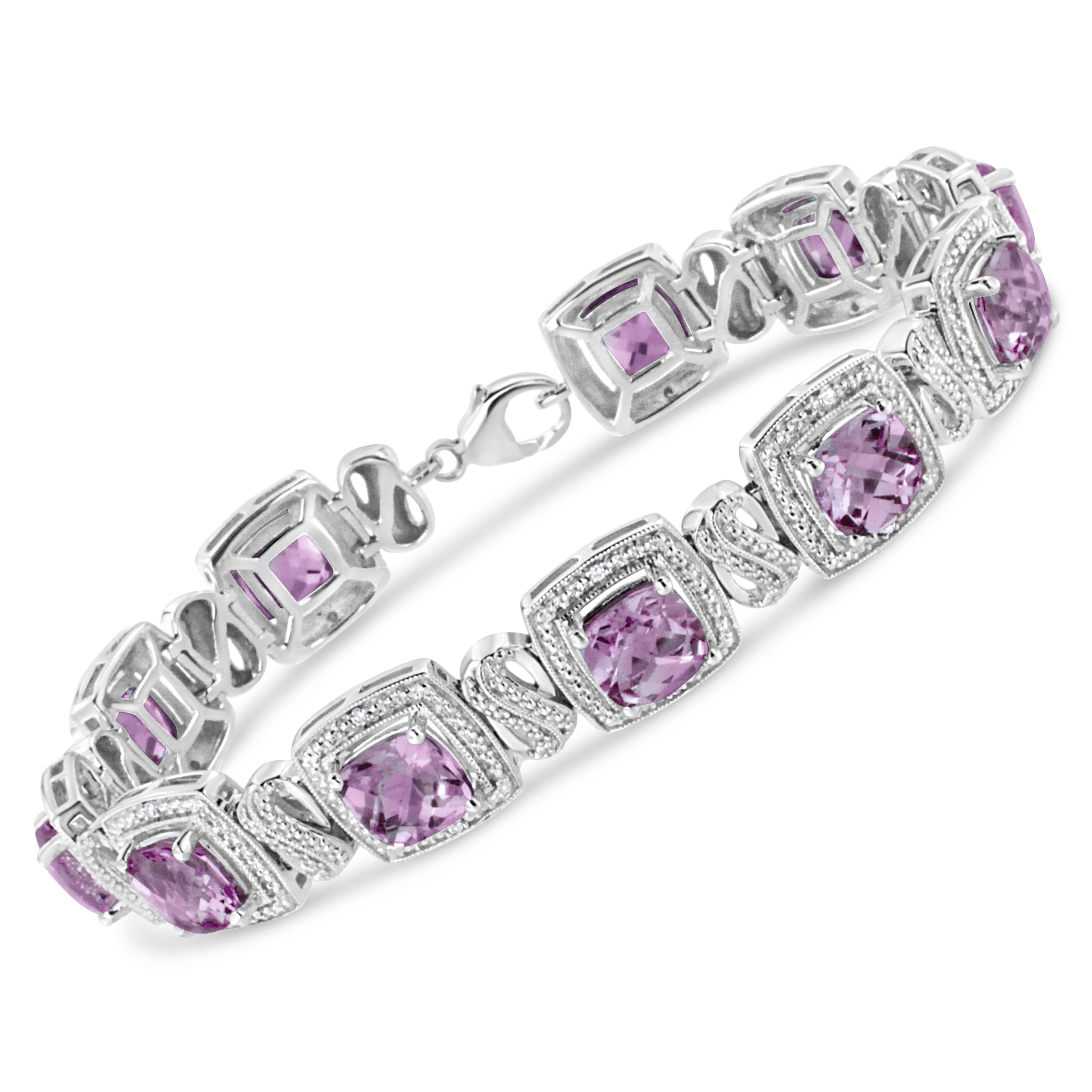 Make a glistening fest for your sweetheart's wrist with this sparkling amethyst and diamond bracelet. Styled in remarkable sterling silver this square shape bracelet is embellished with 11 alluring prong set cushion cut purple amethyst accentuated