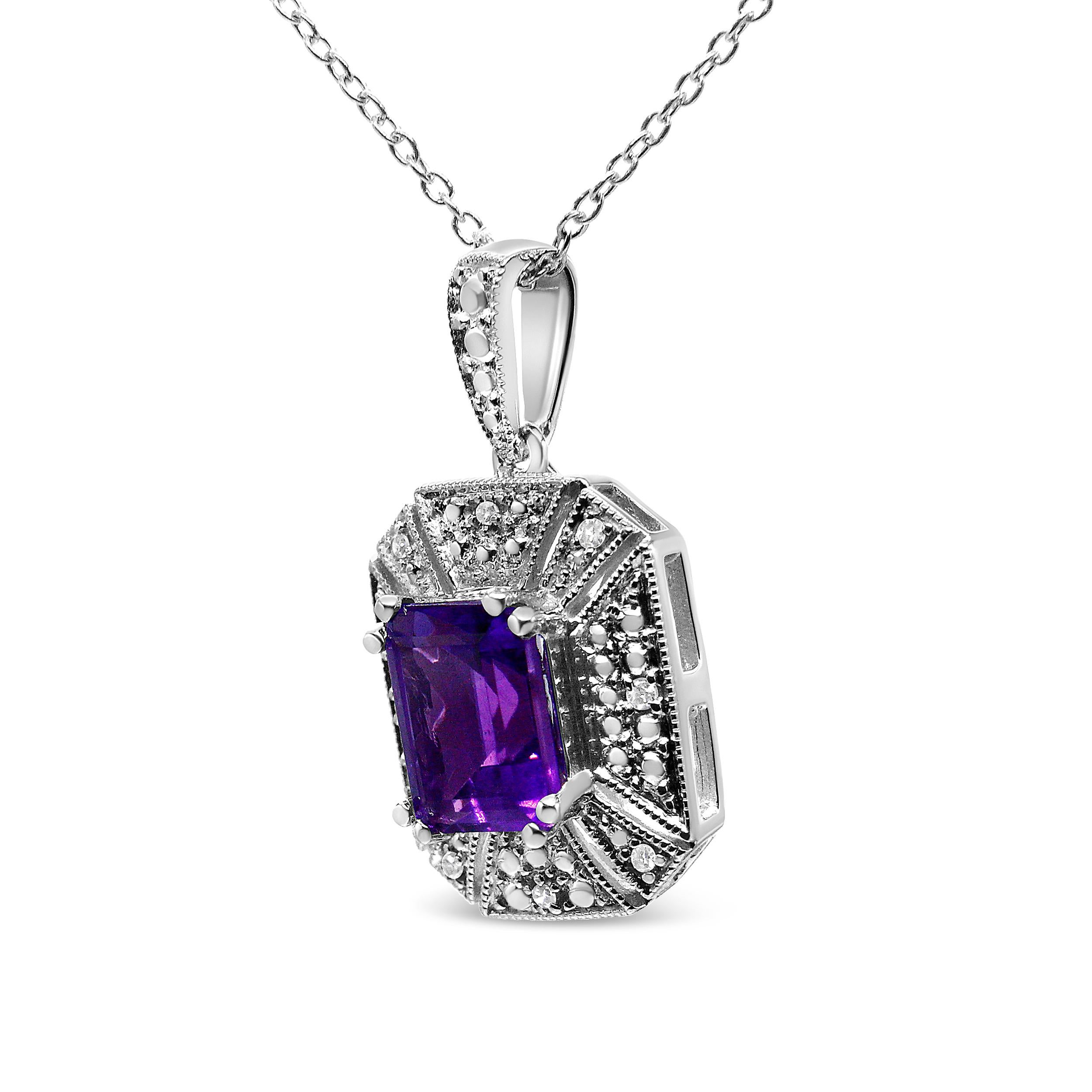 This Art Deco-inspired pendant necklace is made to make a statement. The .925 Sterling Silver necklace features an intricate design in an alluring emerald shape, accented with a rich 8x6mm emerald-cut natural purple Amethyst gemstone that adds that