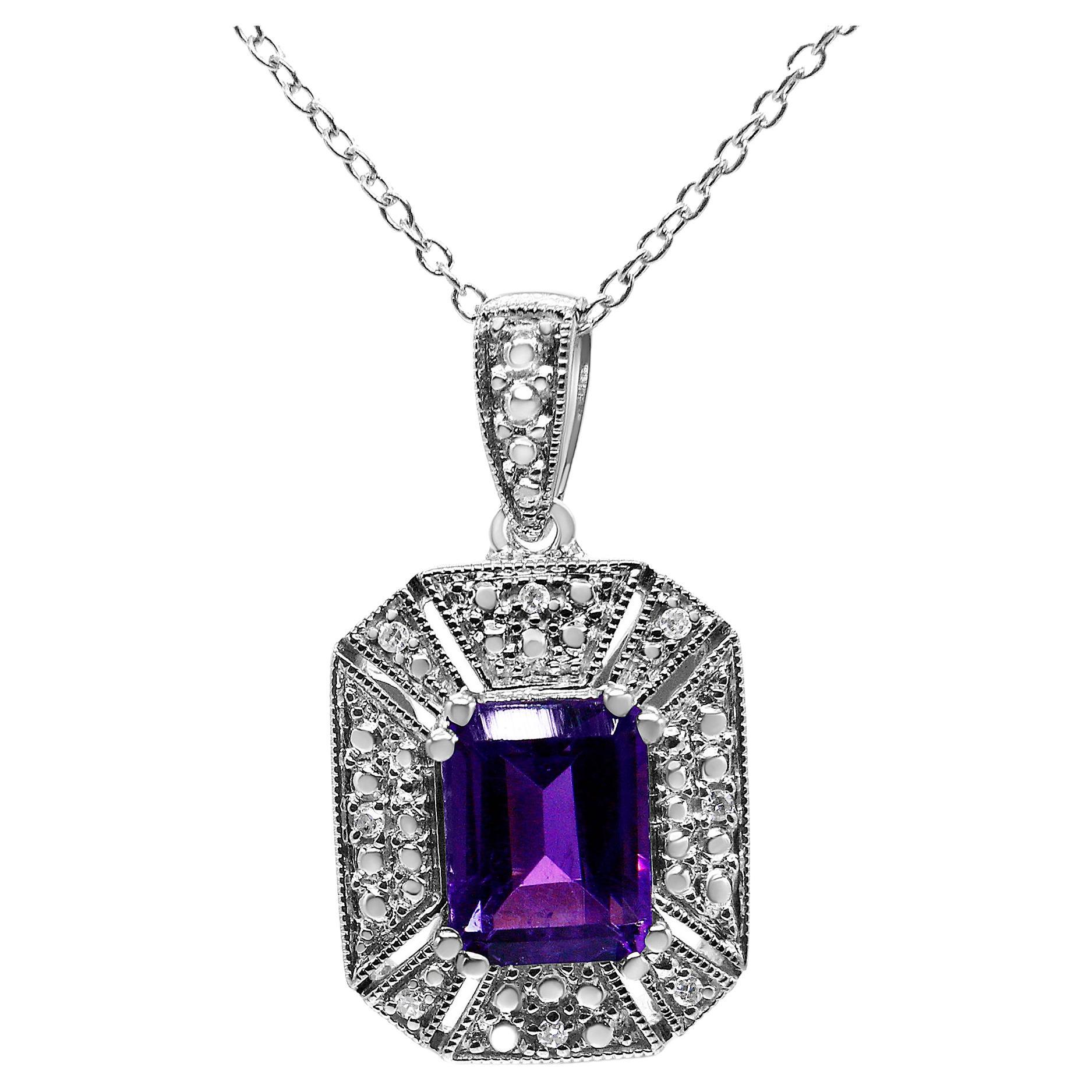  .925 Sterling Silver Purple Amethyst and Diamond Accent Pendant Necklace  For Sale