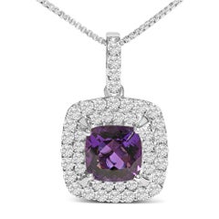 .925 Sterling Silver Purple Amethyst and White Sapphire Halo Pendant Earring Set