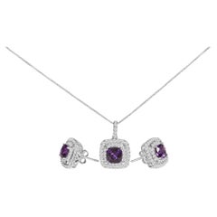 .925 Sterling Silver Purple Amethyst and White Sapphire Halo Pendant Earring Set