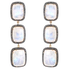 925 Sterling Silver Push Back Earrings with 76.85 Carat Rainbow Moonstone