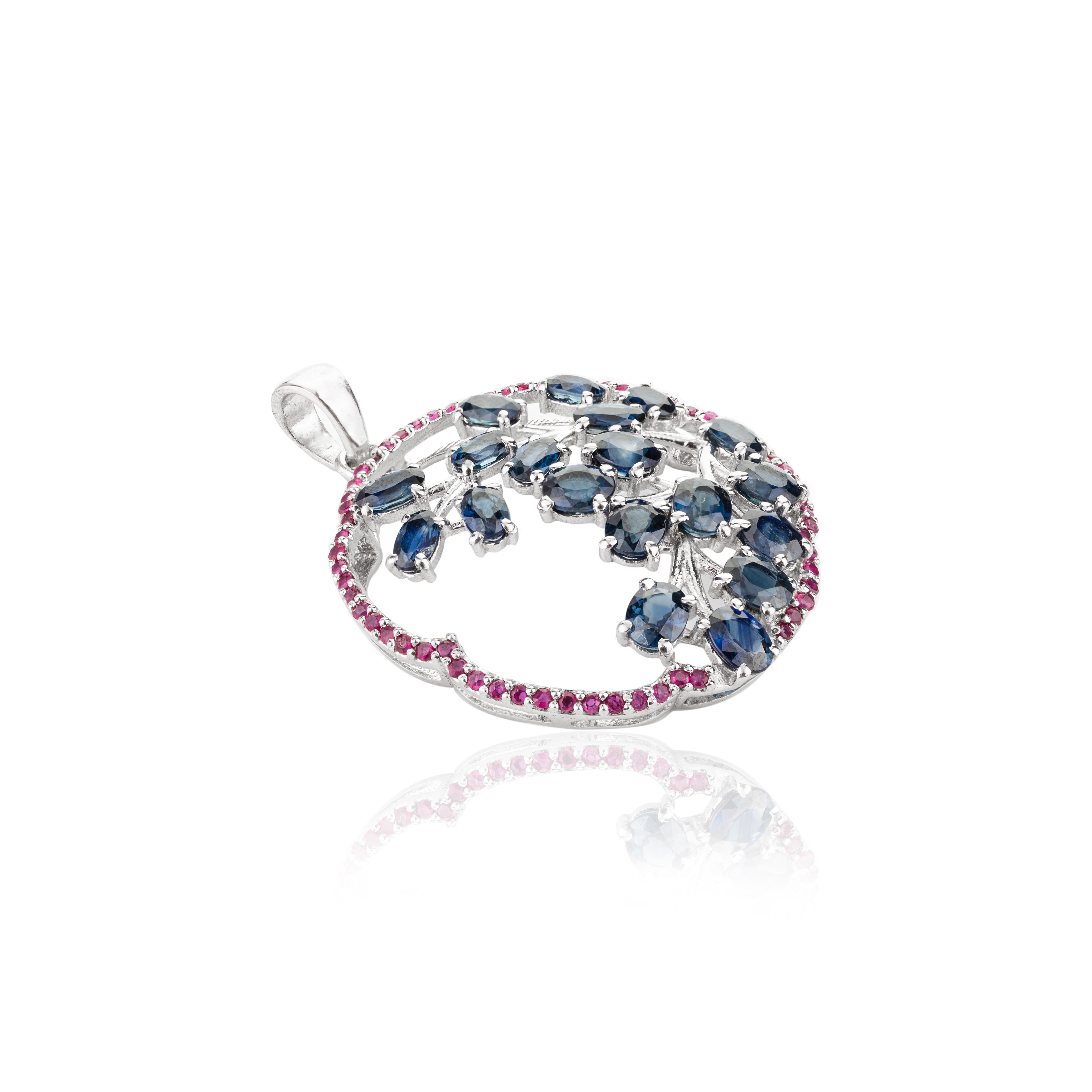 Contemporary .925 Sterling Silver Real Blue Sapphire and Ruby Life of Tree Pendant For Sale