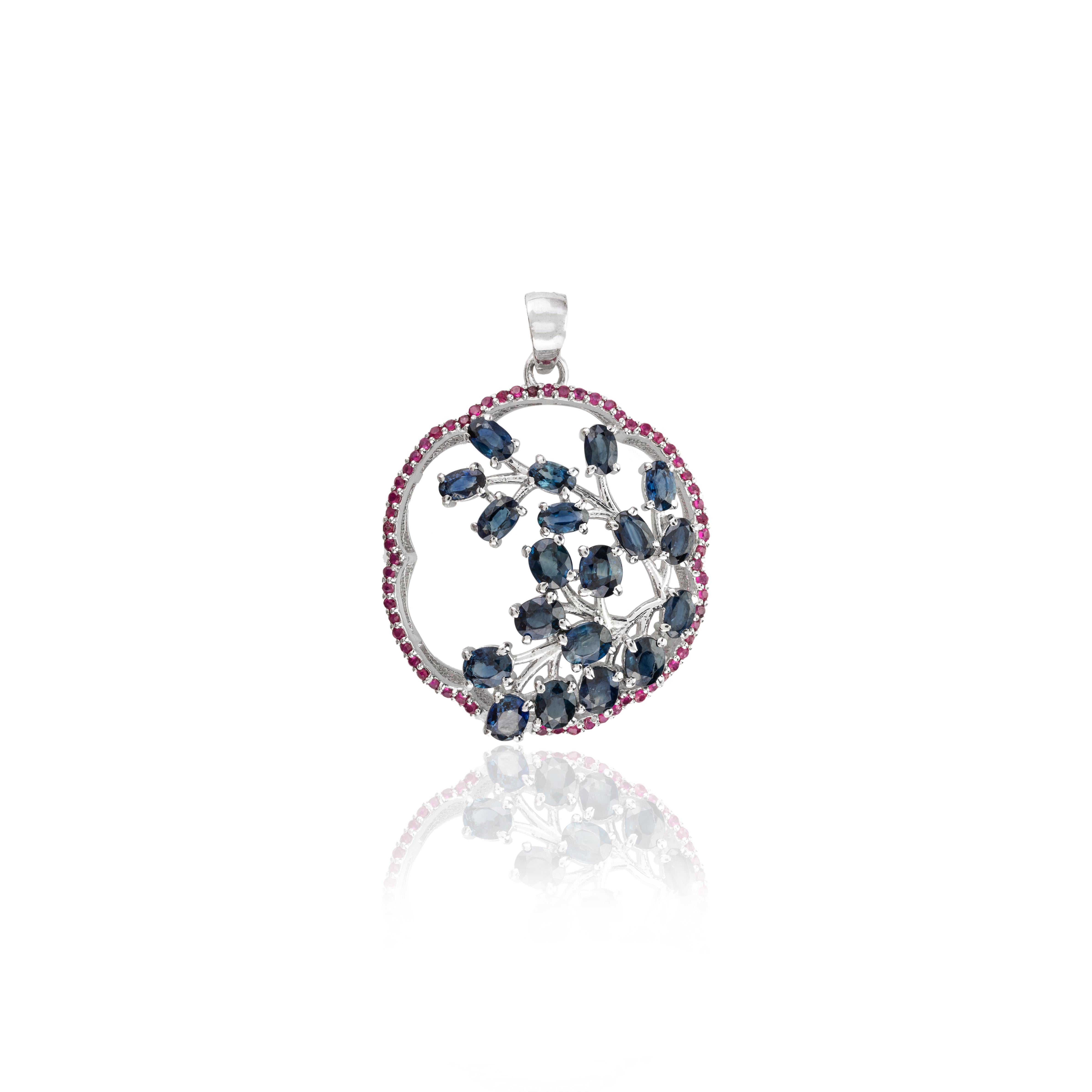Mixed Cut .925 Sterling Silver Real Blue Sapphire and Ruby Life of Tree Pendant For Sale