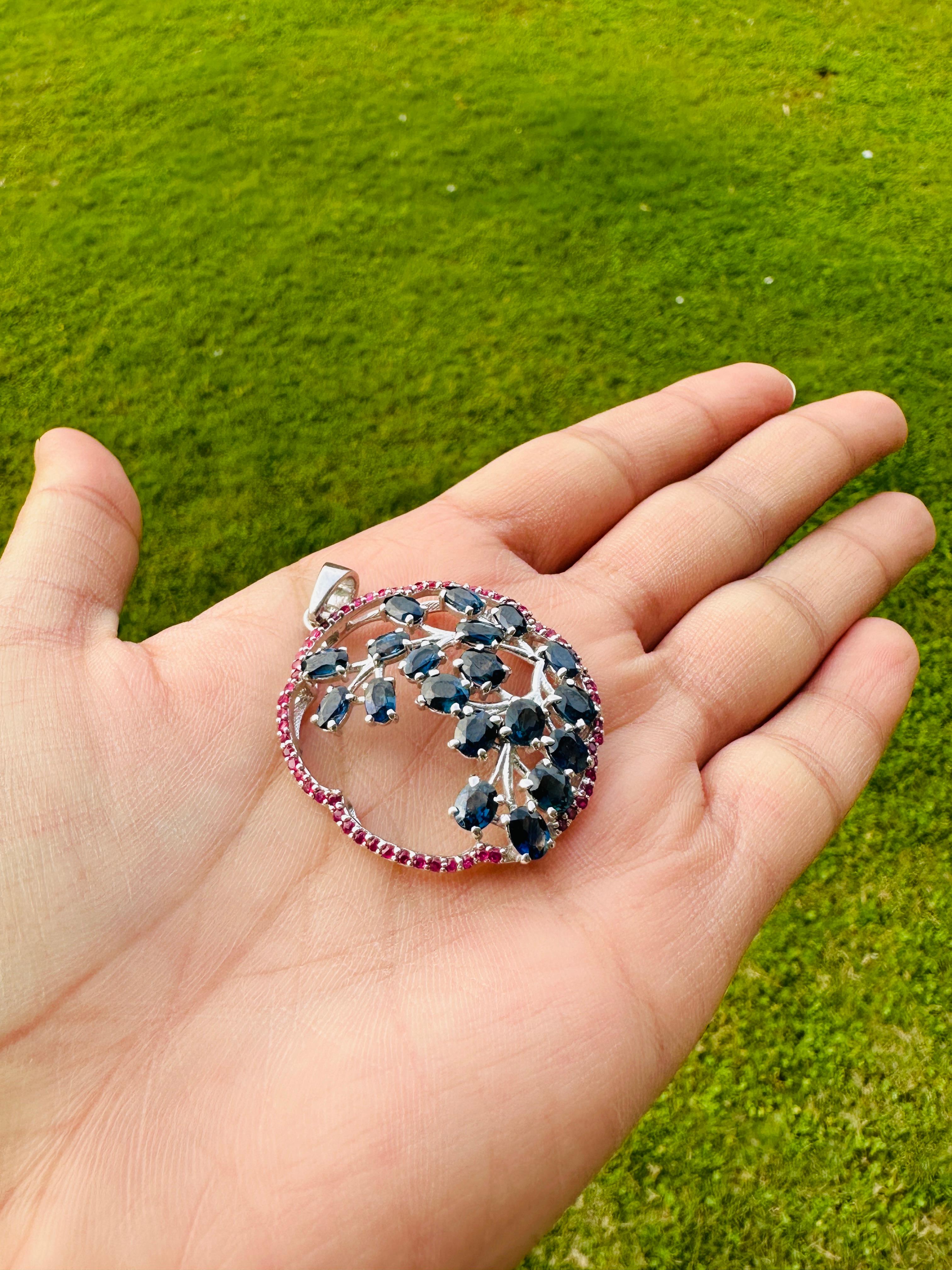 .925 Sterling Silver Real Blue Sapphire and Ruby Life of Tree Pendant In New Condition For Sale In Houston, TX