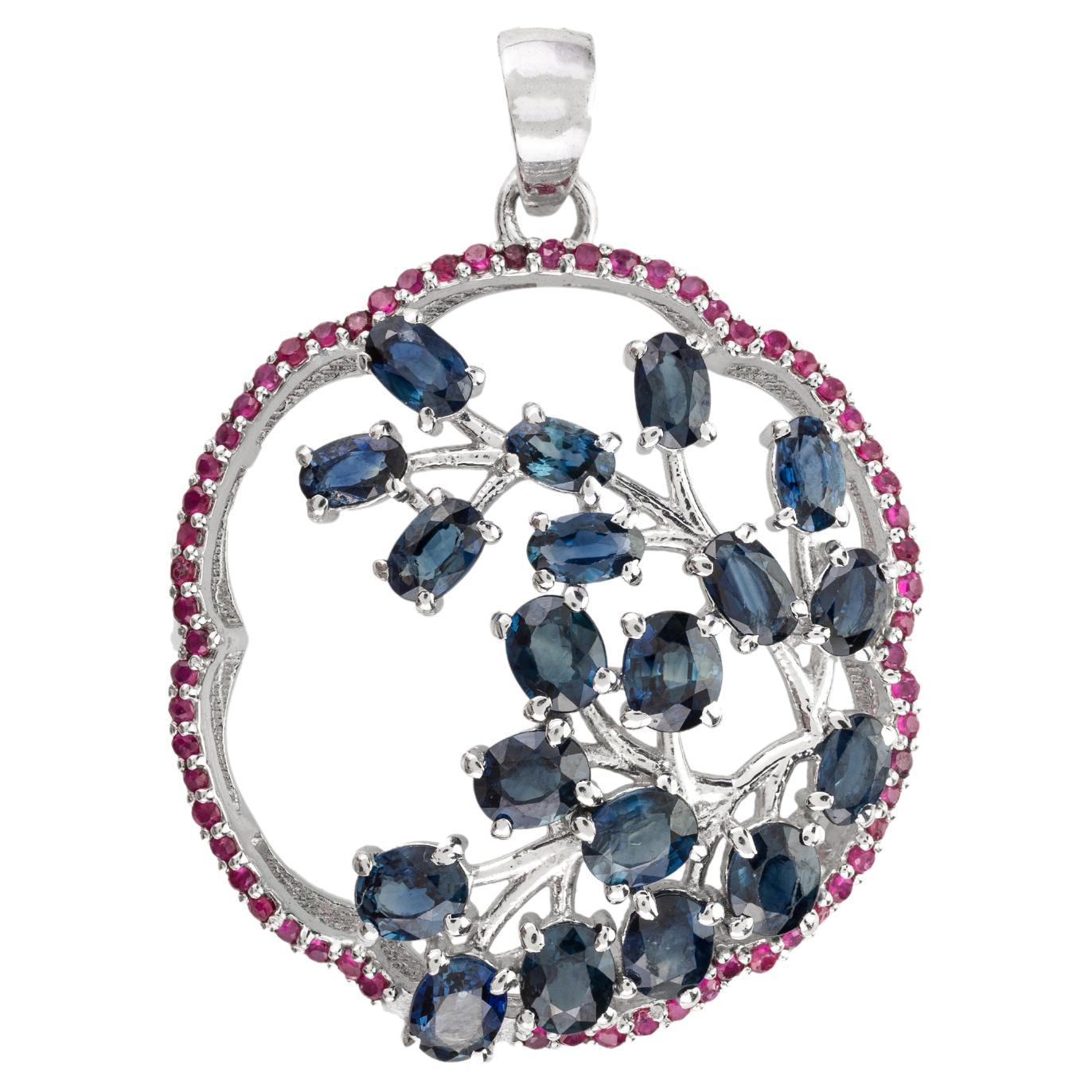 .925 Sterling Silver Real Blue Sapphire and Ruby Life of Tree Pendant For Sale