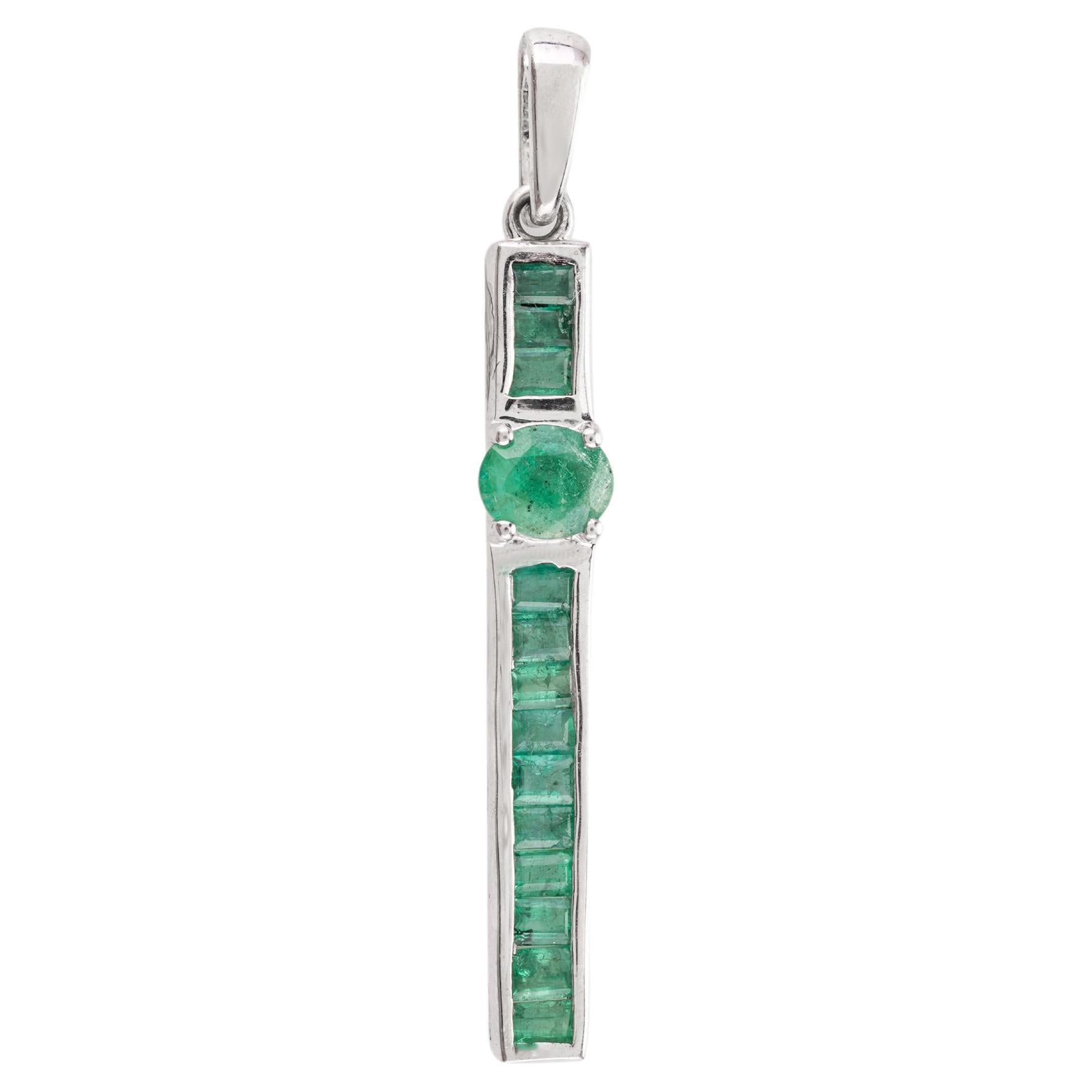 925 Sterling Silver Real Emerald Long Pendant Unisex Gifts