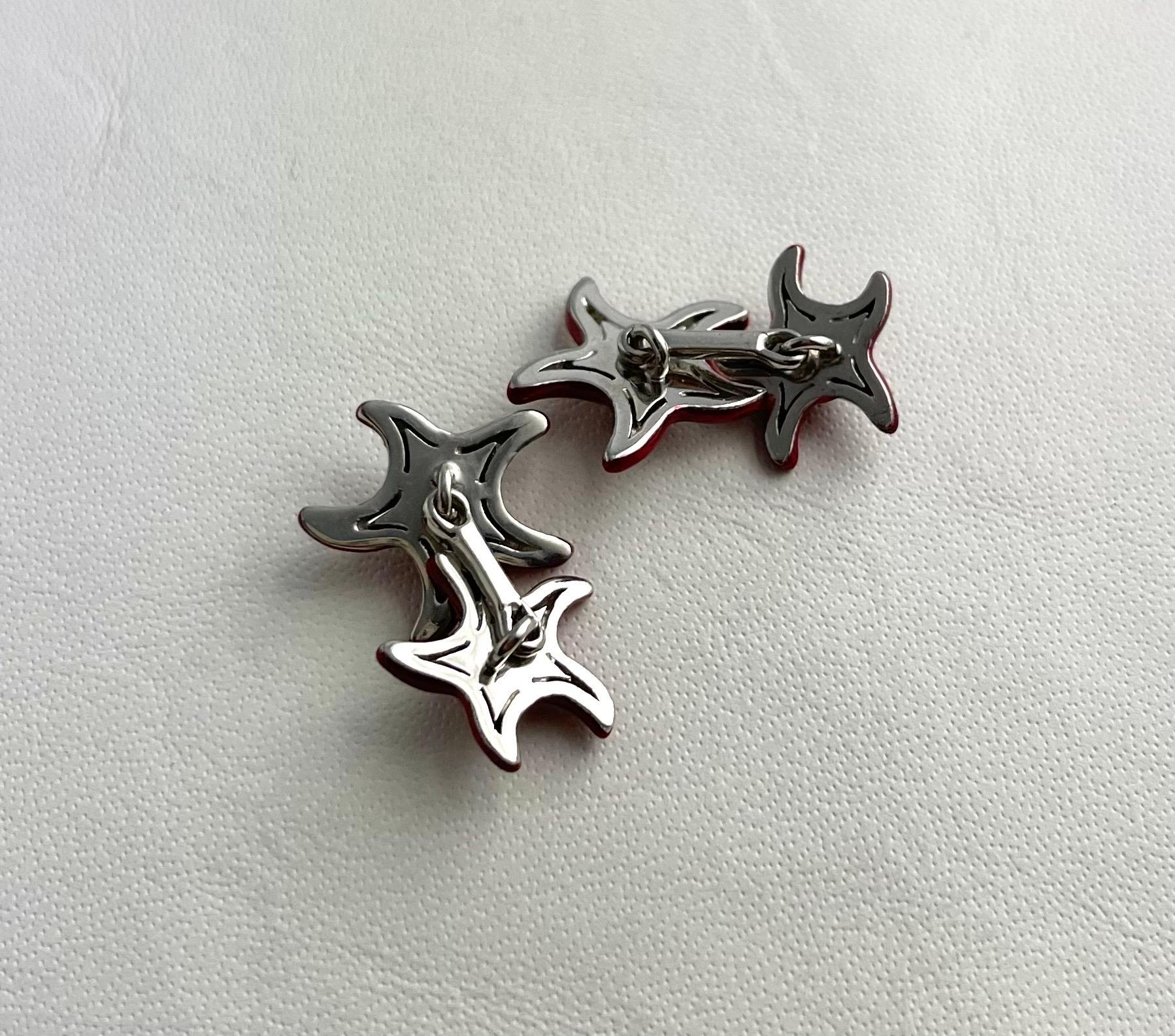 Women's or Men's 925 Sterling Silver Red Enamel White Enamel Sea Star Cufflinks  For Sale