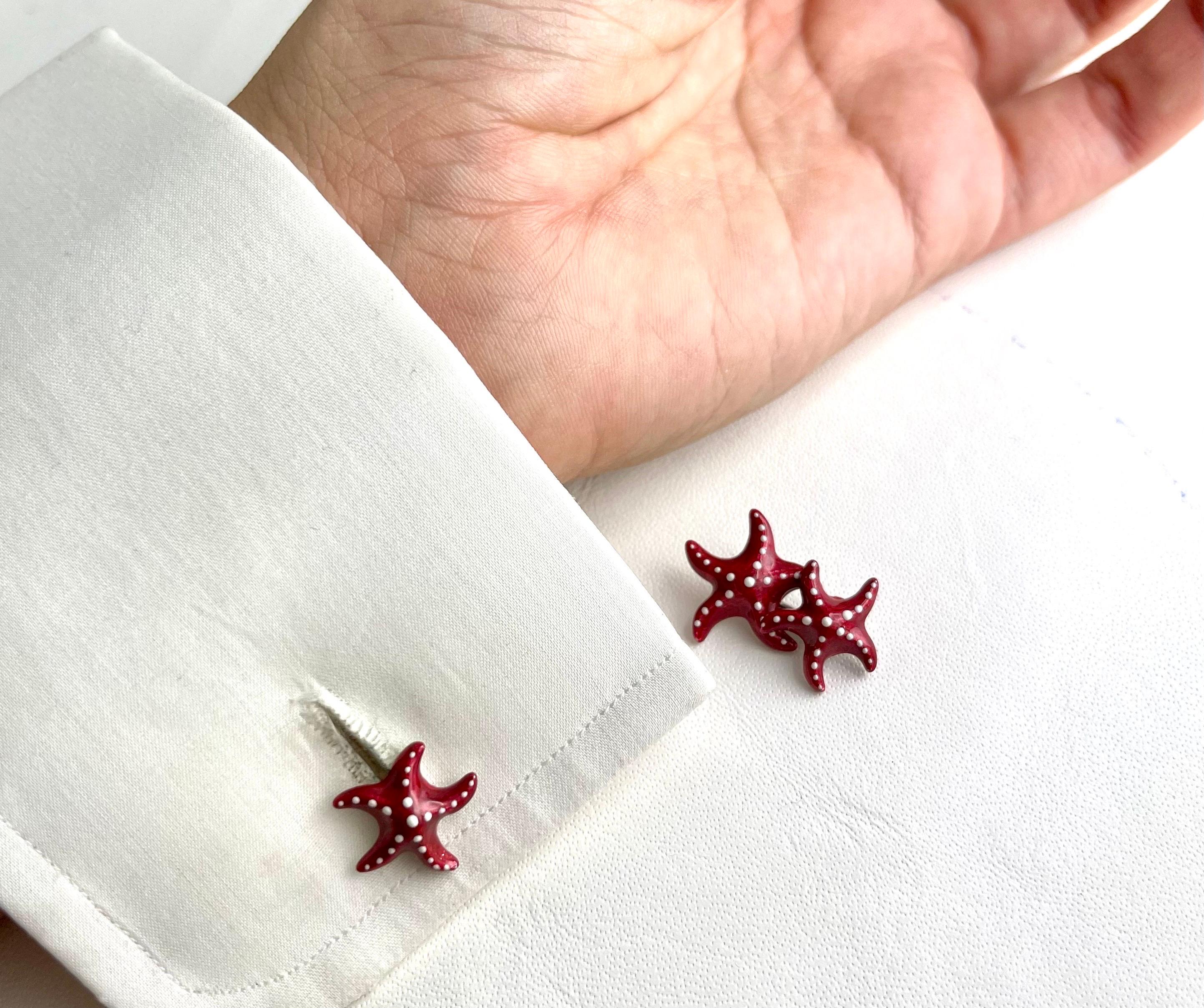 925 Sterling Silver Red Enamel White Enamel Sea Star Cufflinks  For Sale 1