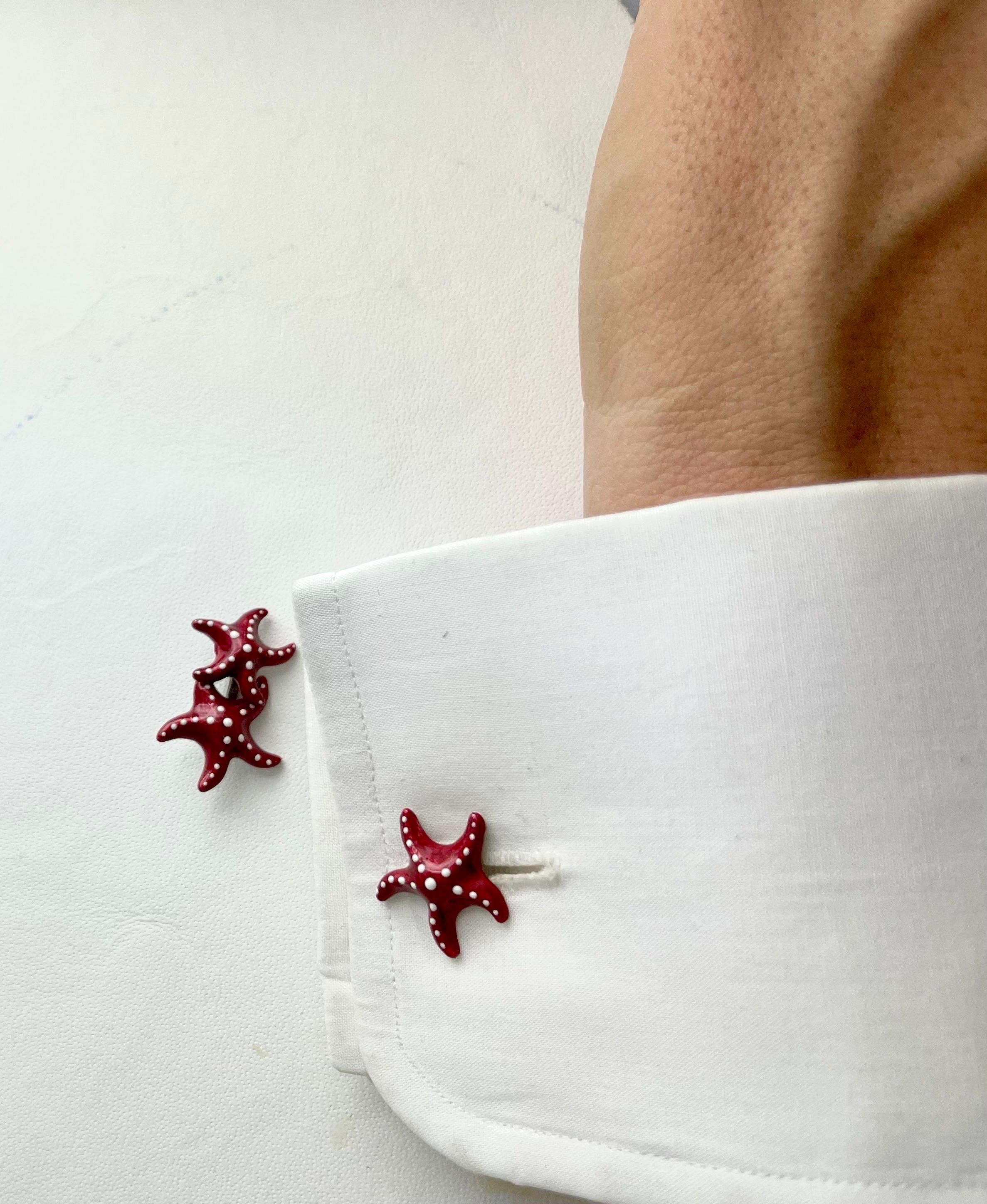 925 Sterling Silver Red Enamel White Enamel Sea Star Cufflinks  For Sale 2