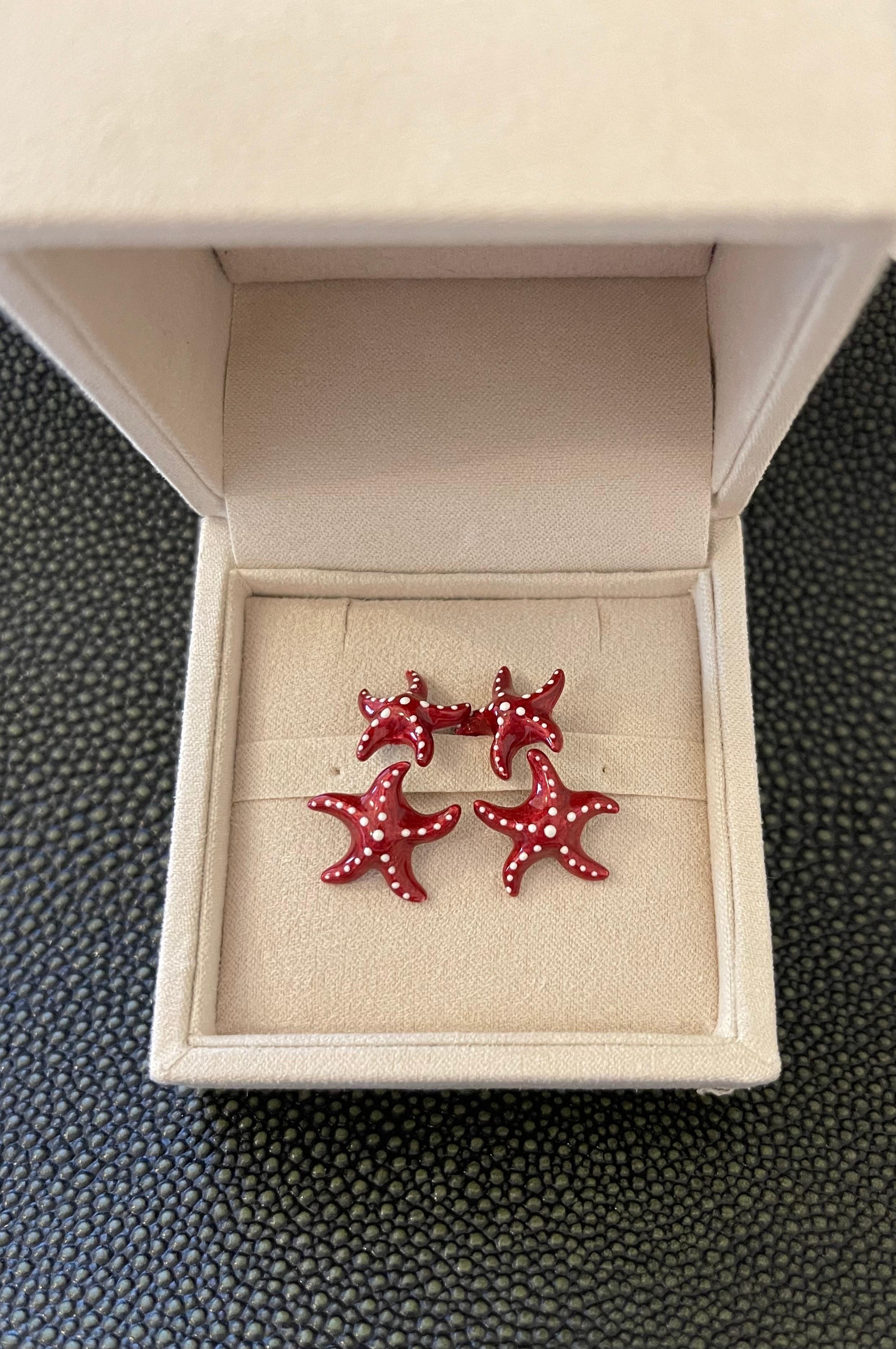 925 Sterling Silver Red Enamel White Enamel Sea Star Cufflinks  For Sale 4