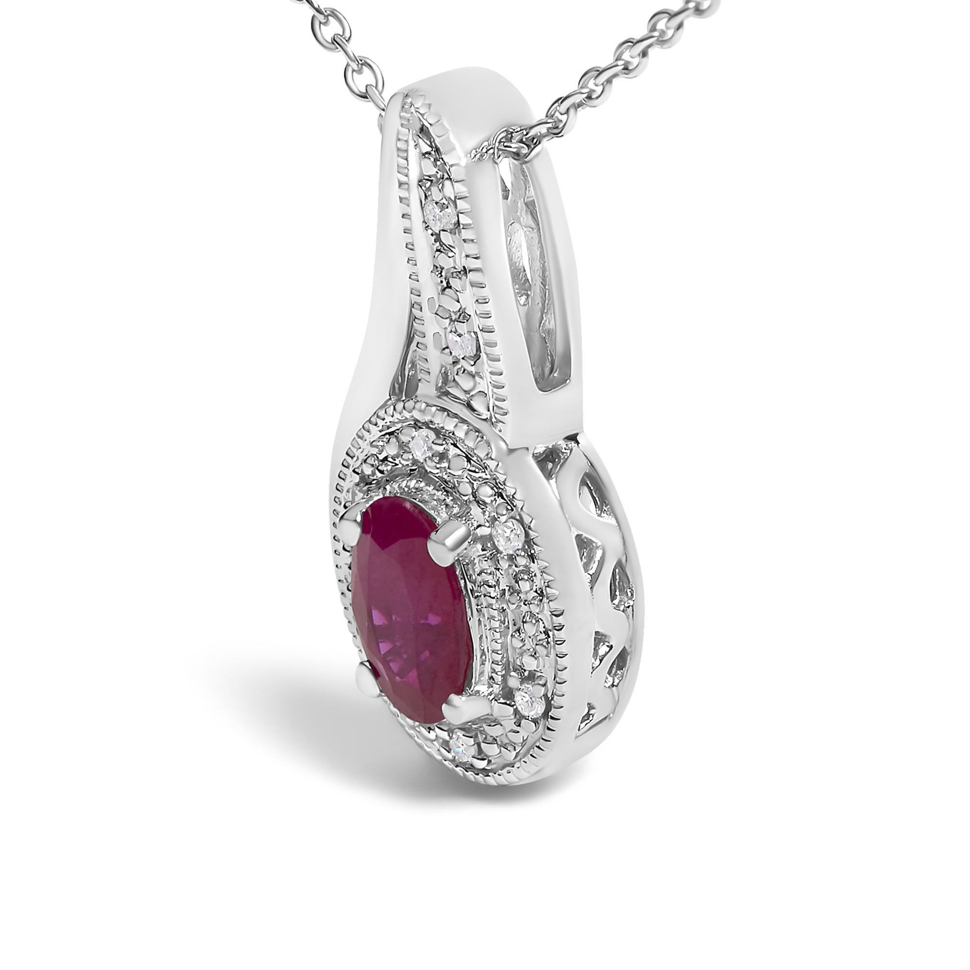 Modern .925 Sterling Silver Red Ruby and Diamond Accent Milgrain Swirl Pendant Necklace For Sale