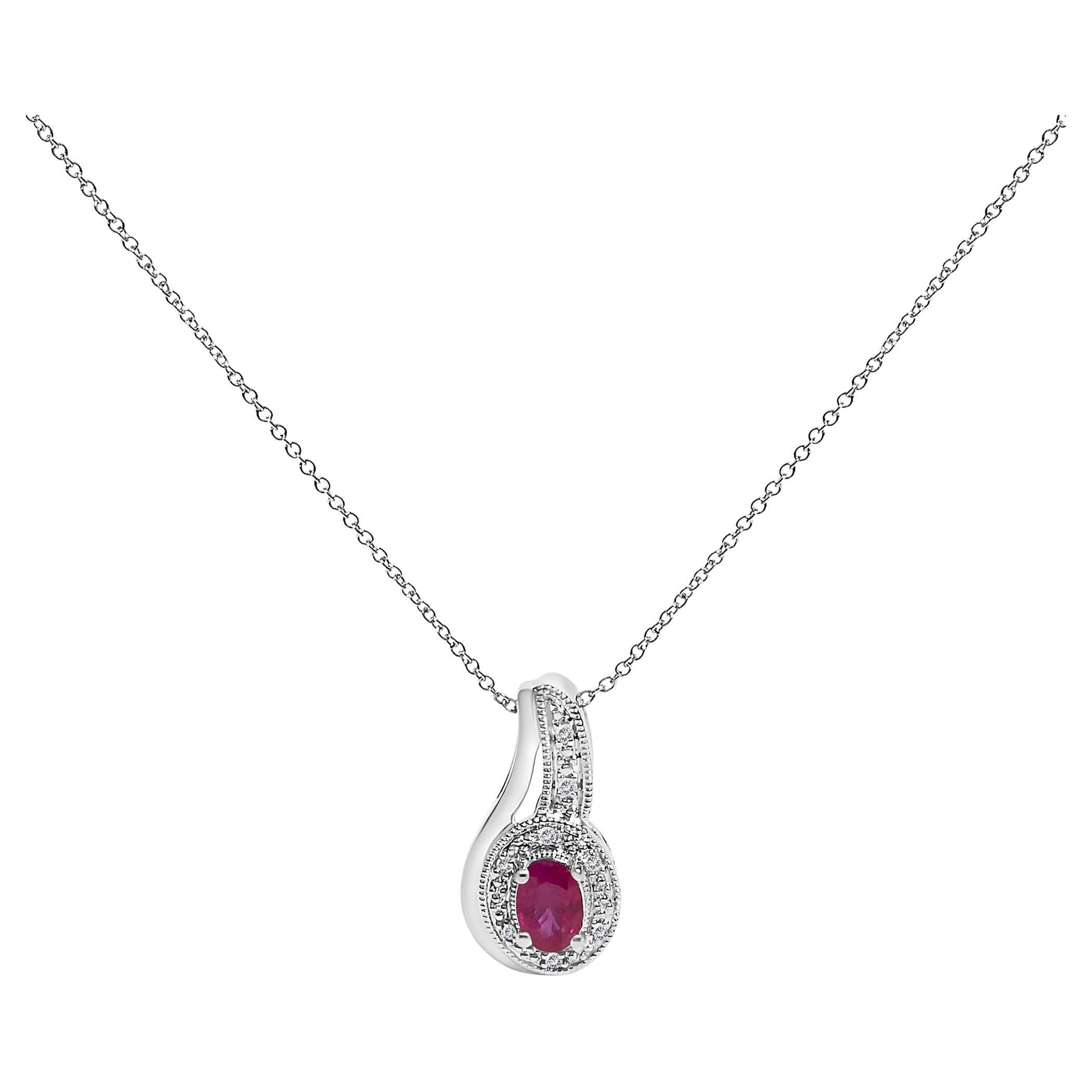 .925 Sterling Silver Red Ruby and Diamond Accent Milgrain Swirl Pendant Necklace