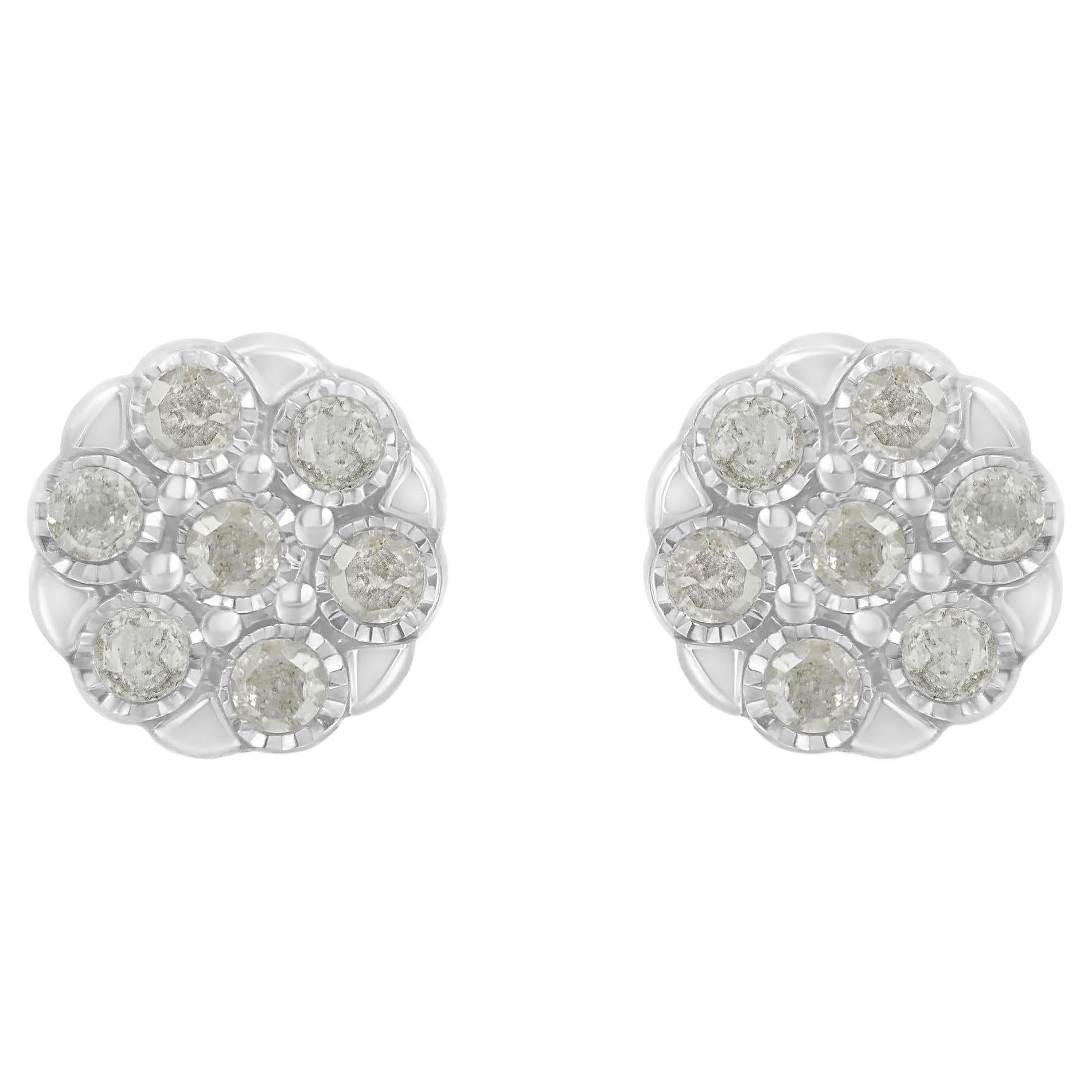 .925 Sterling Silver Rose-Cut 1/4 cttw Diamond Floral Cluster Stud Earrings