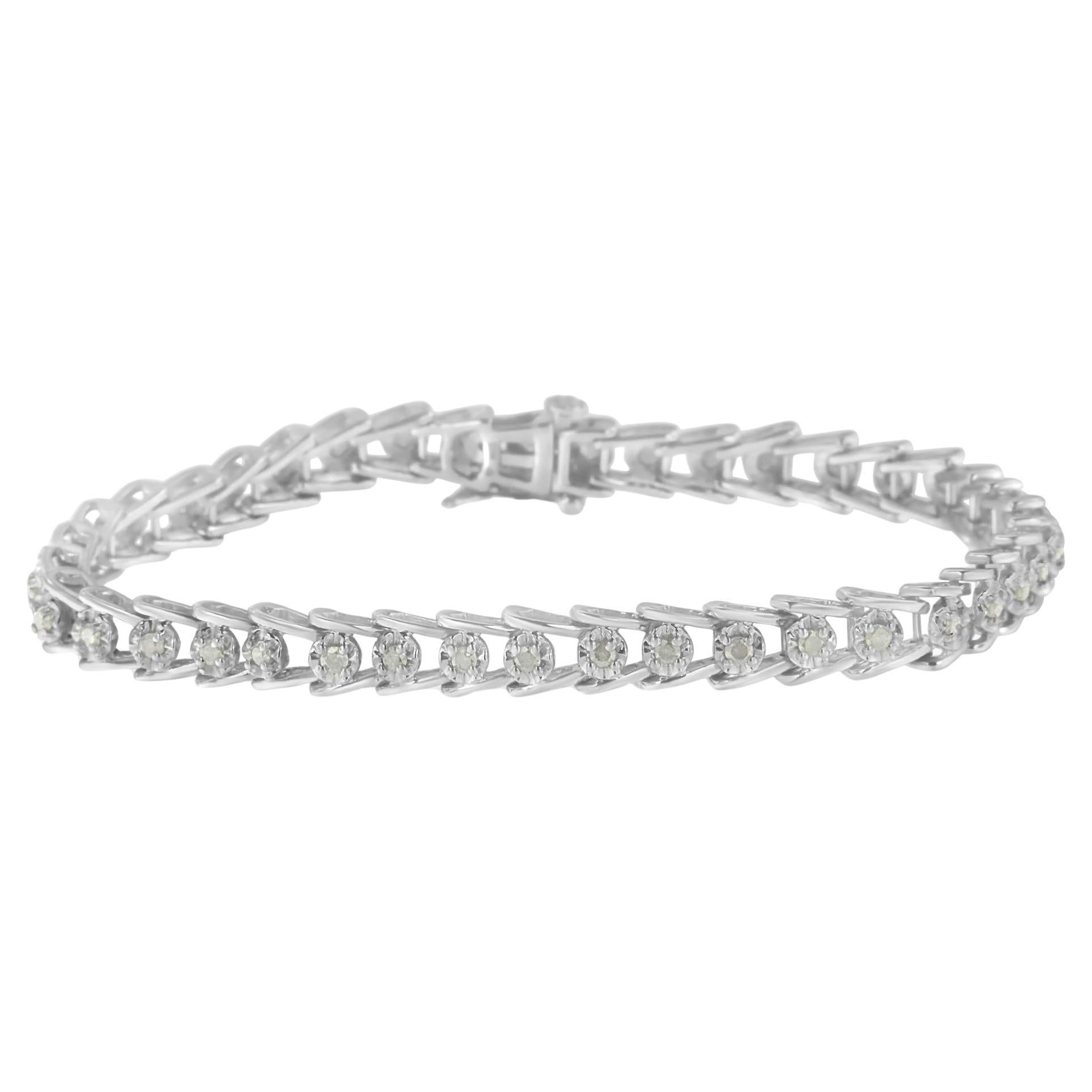 .925 Sterling Silver Rose-cut 1.0 cttw Diamond Wave link Bracelet
