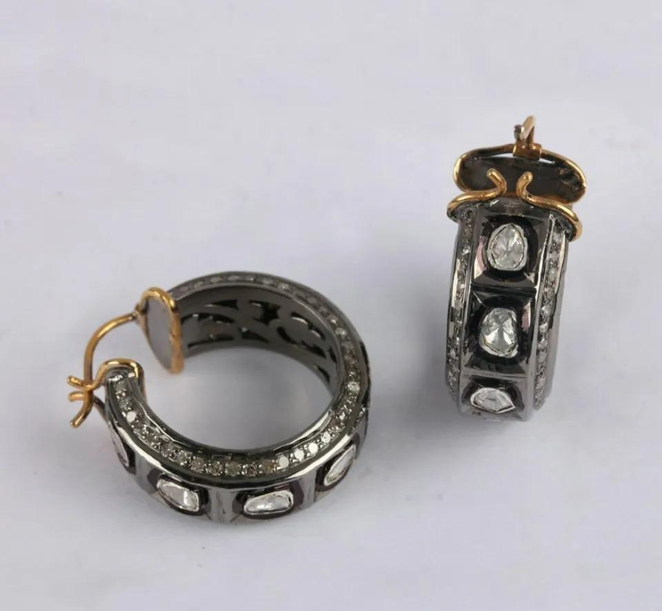 Round Cut 925 Sterling Silver Rose Cut Diamond Hoop Earring Handmade Victorian Style For Sale