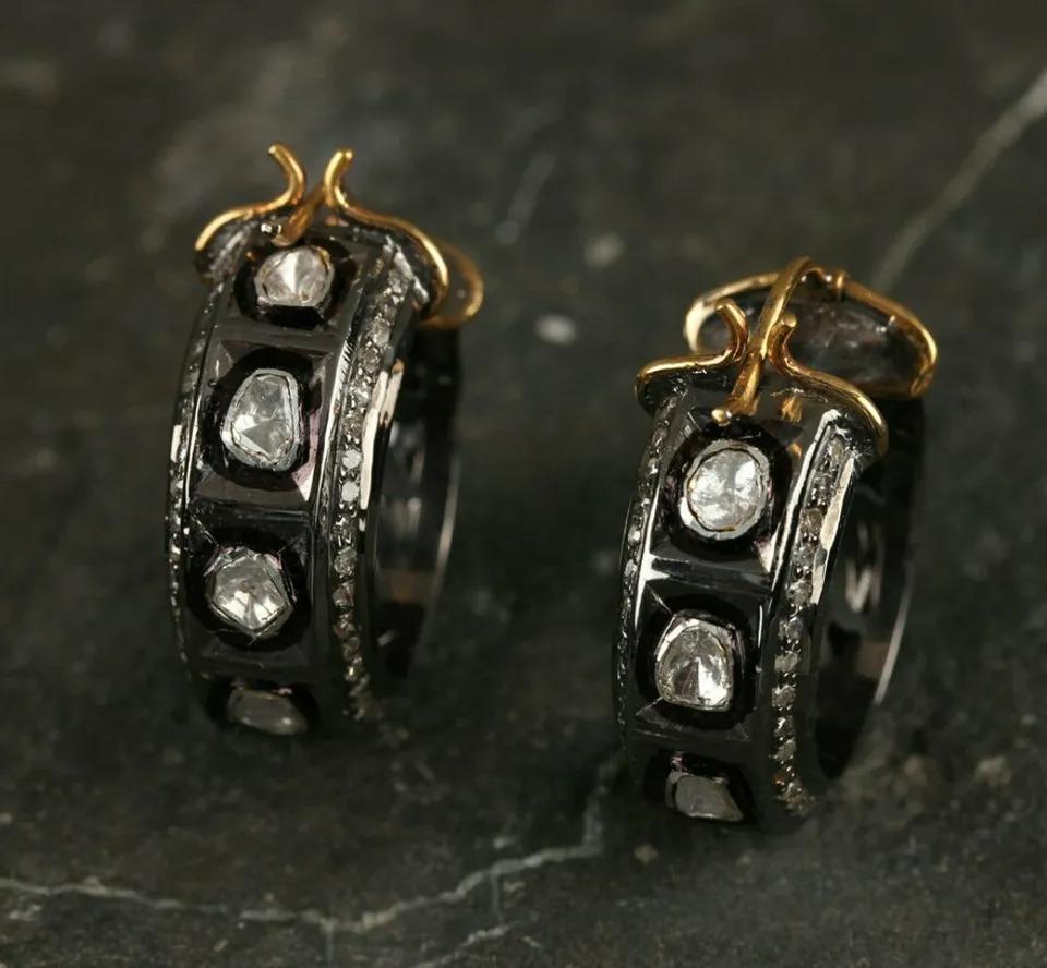 925 Sterling Silver Rose Cut Diamond Hoop Earring Handmade Victorian Style In New Condition For Sale In Chicago, IL