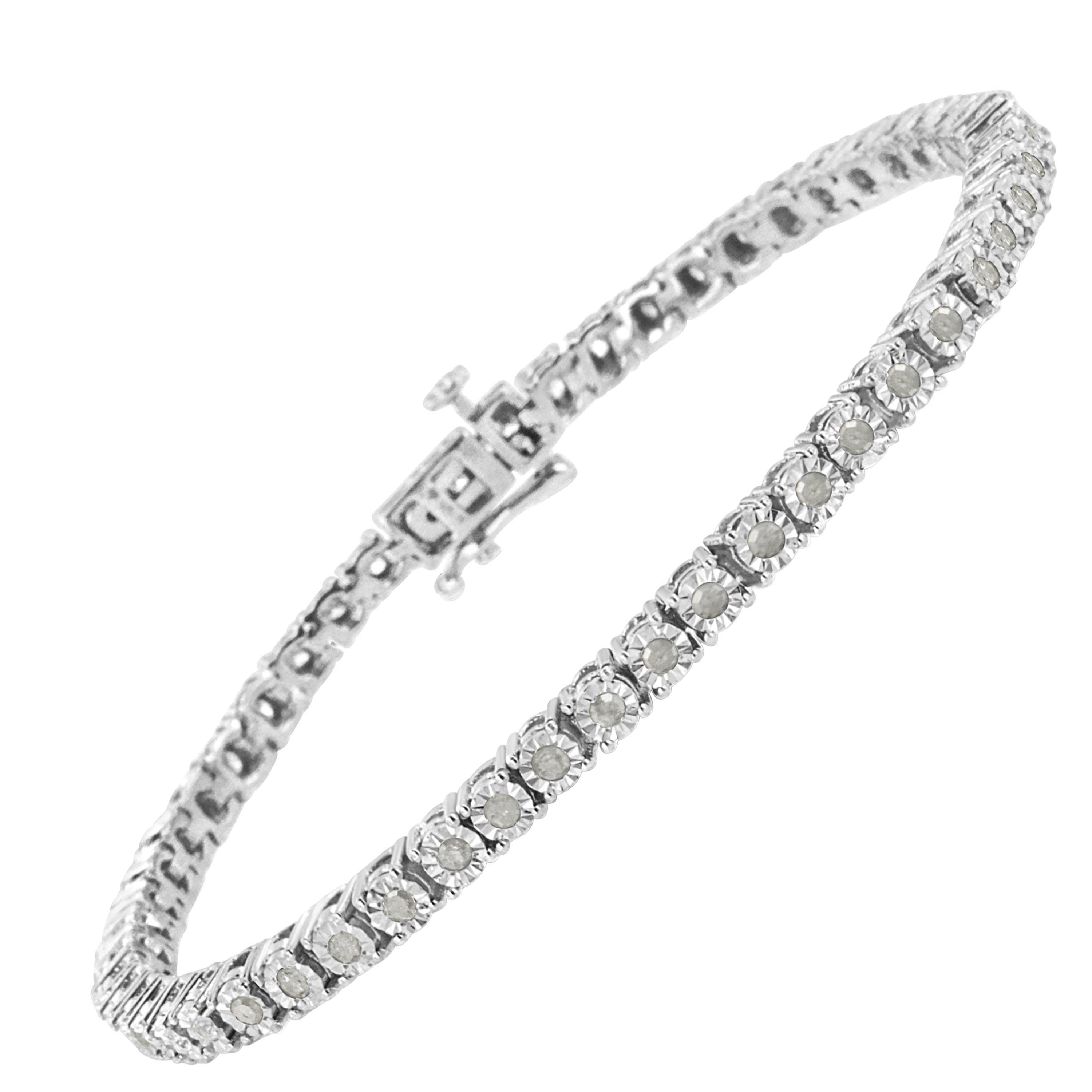.925 Sterling Silver Rose Cut Diamond Round Faceted Bezel Tennis Bracelet