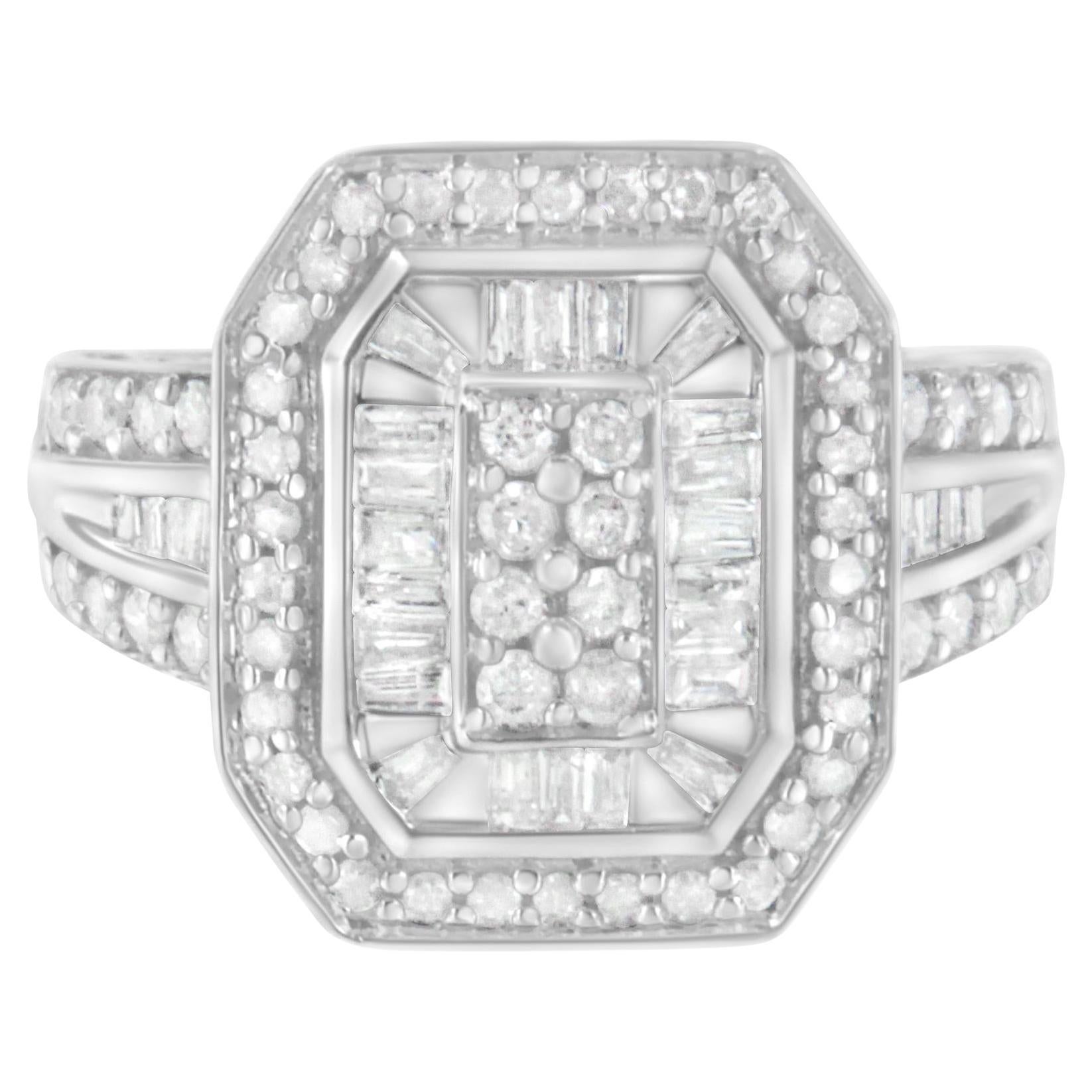 .925 Sterling Silver Round and Baguette 3/4 cttw Diamond Cathedral Ring