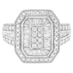 Anillo Catedral de Plata de Ley .925 Diamante Redondo y Baguette 3/4 cttw