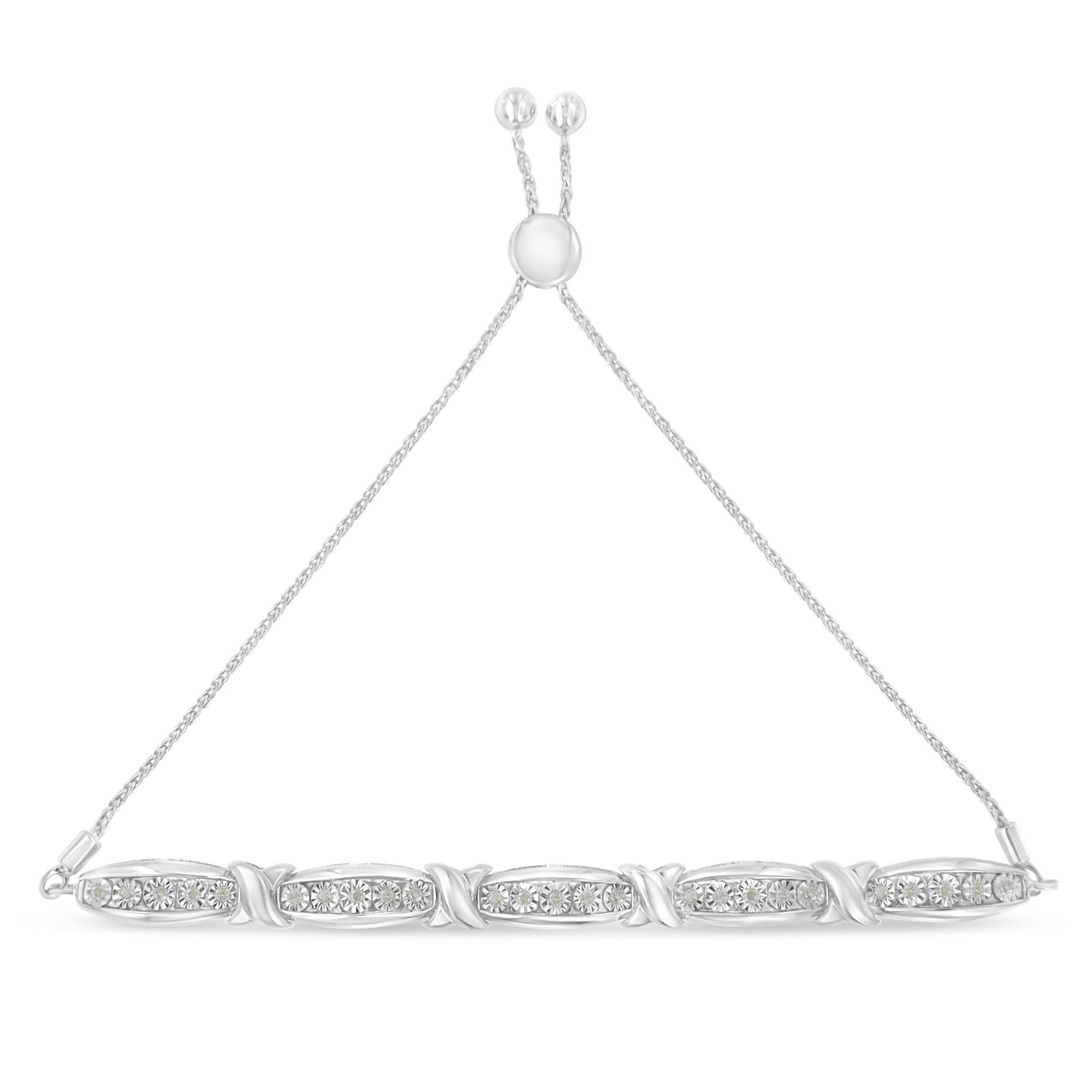 Moderno .925 Bracciale Bolo in argento Sterling con diamante taglio rotondo 1/4 cttw a X e barra conica in vendita