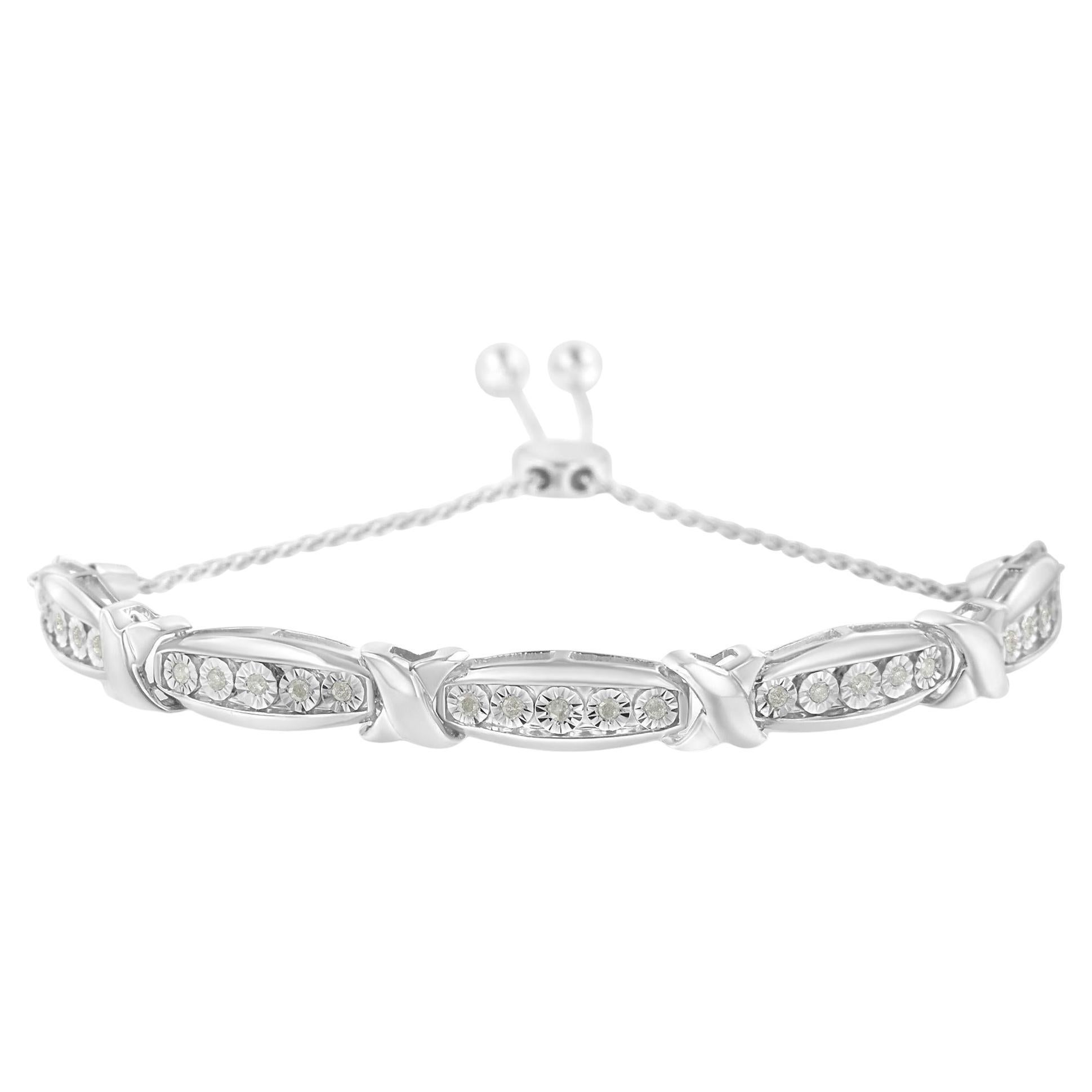 .925 Bracciale Bolo in argento Sterling con diamante taglio rotondo 1/4 cttw a X e barra conica