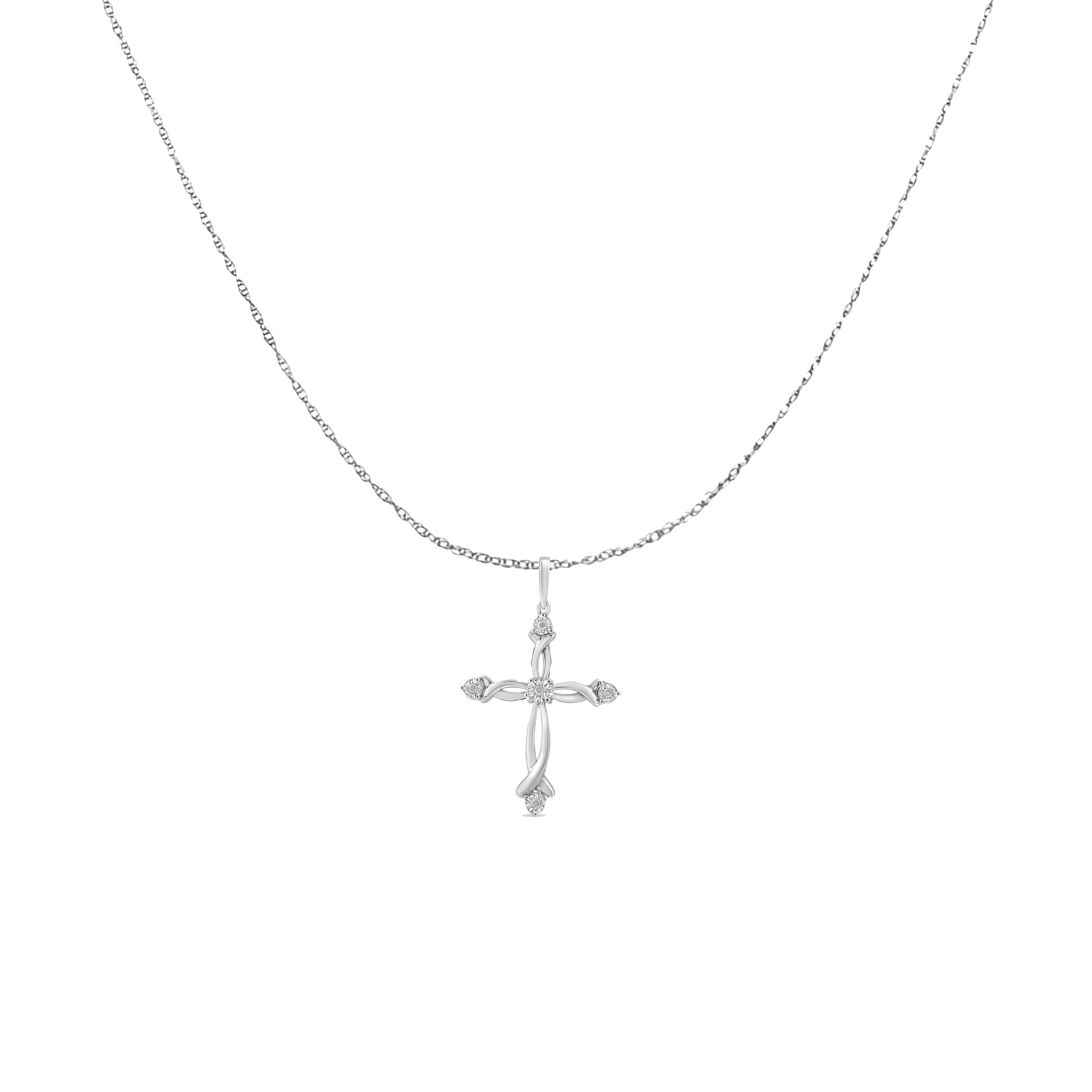 A simple and sober entwined cross pendant hangs on a rope chain. Five natural, sparkling round shape diamonds adorn the ends and center of this lovely sterling silver pendant. The diamonds are rose-cut, promotional quality diamonds. Promo quality